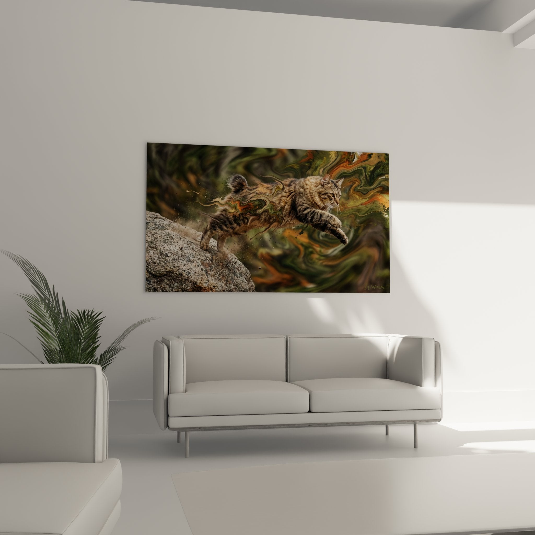 Detail chat American Bobtail en mouvement avec trainées artistiques vertes oranges effet mystique