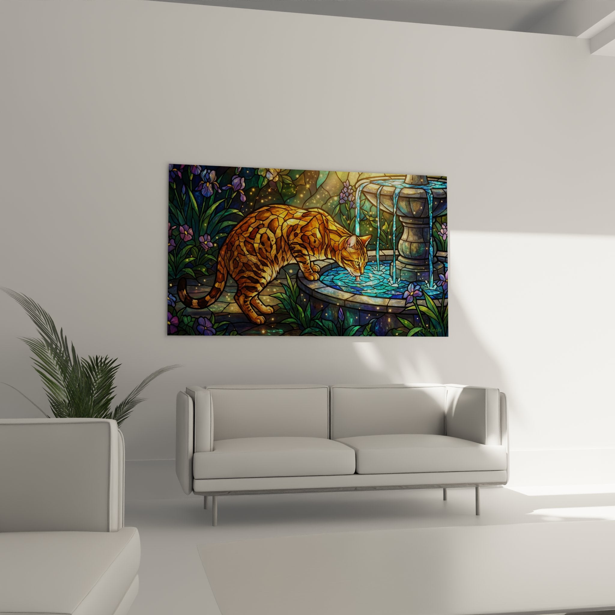 Détail rapproché tableau chat Bengal pelage tacheté orange cuivré fontaine eau bleue style art vitrail moderne