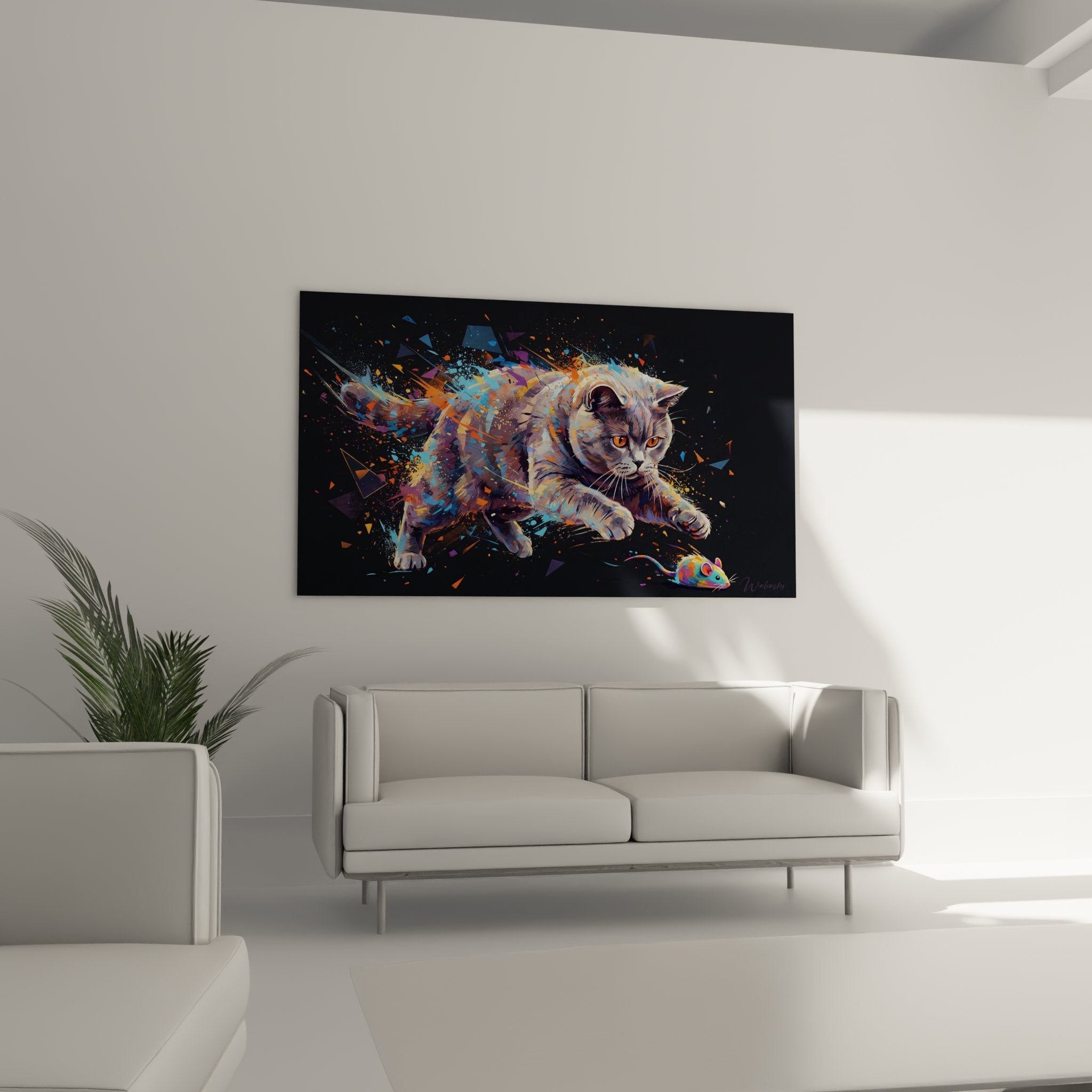 Primo piano quadro gatto British shorthair occhi rame con frammenti artistici colorati stile digital moderno