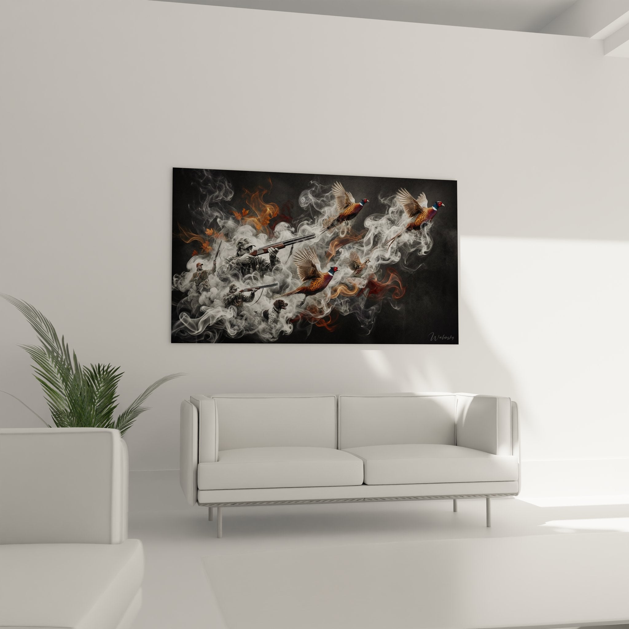 Detail tableau chasse faisans montrant chasseur fusil et chien dans nuages de fumee