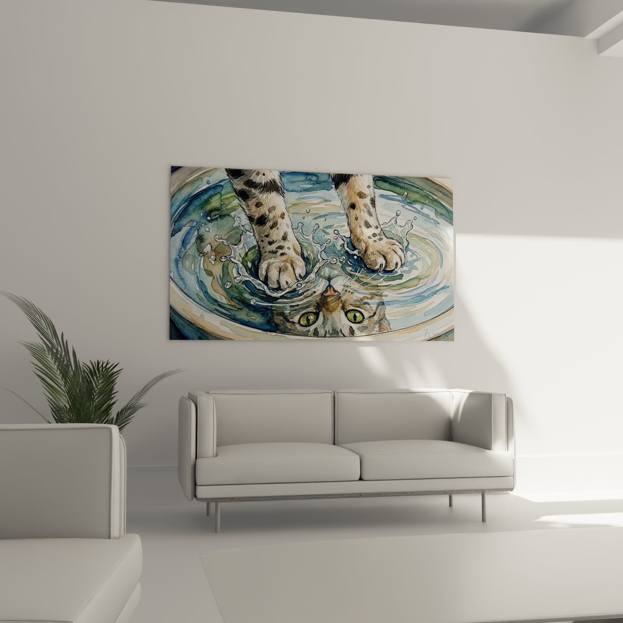 Dettagli degli occhi verdi penetranti del gatto Egyptian Mau nell'acquerello splash water