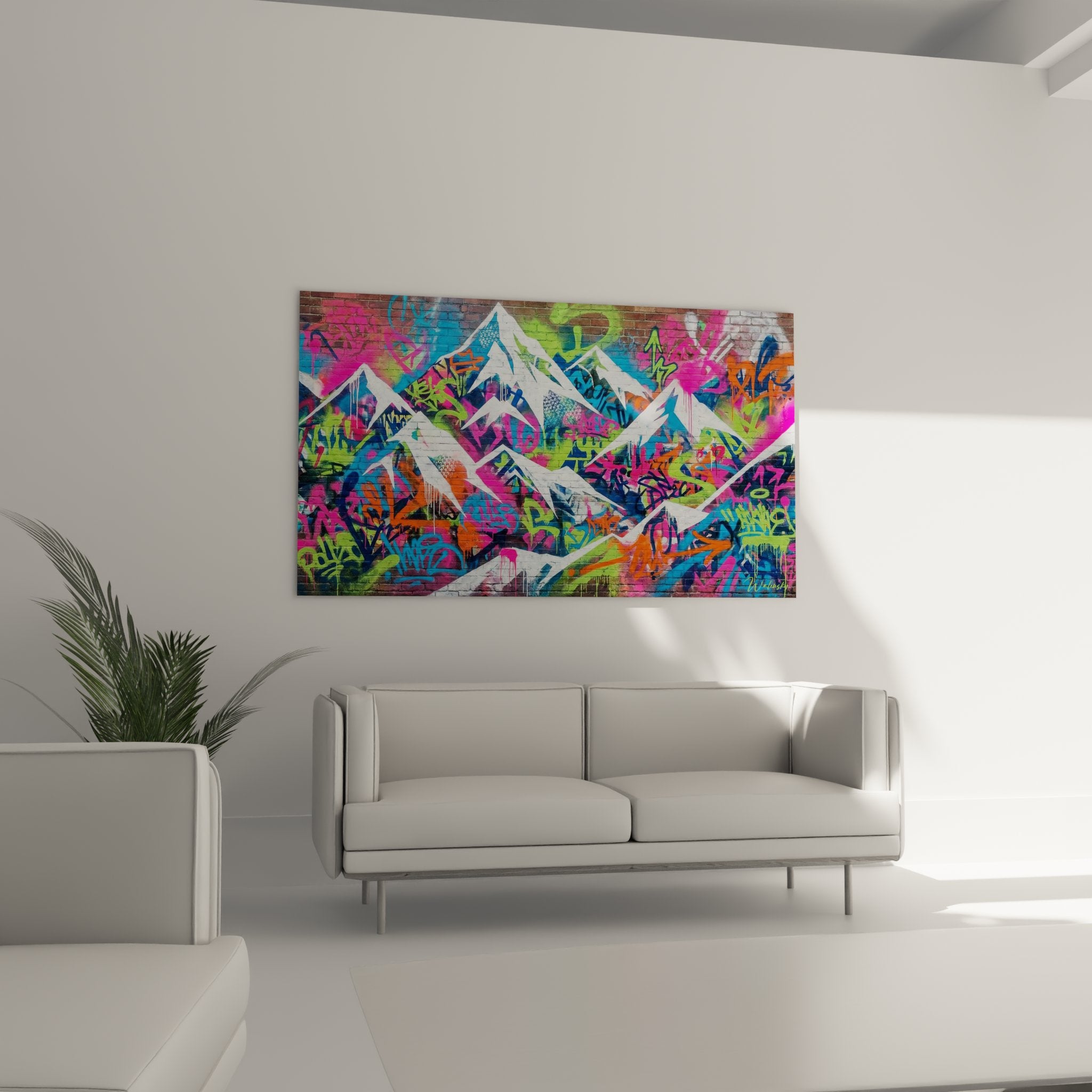 Alpine graffiti detail with white mountains and vibrant pink, blue, green, and orange colors