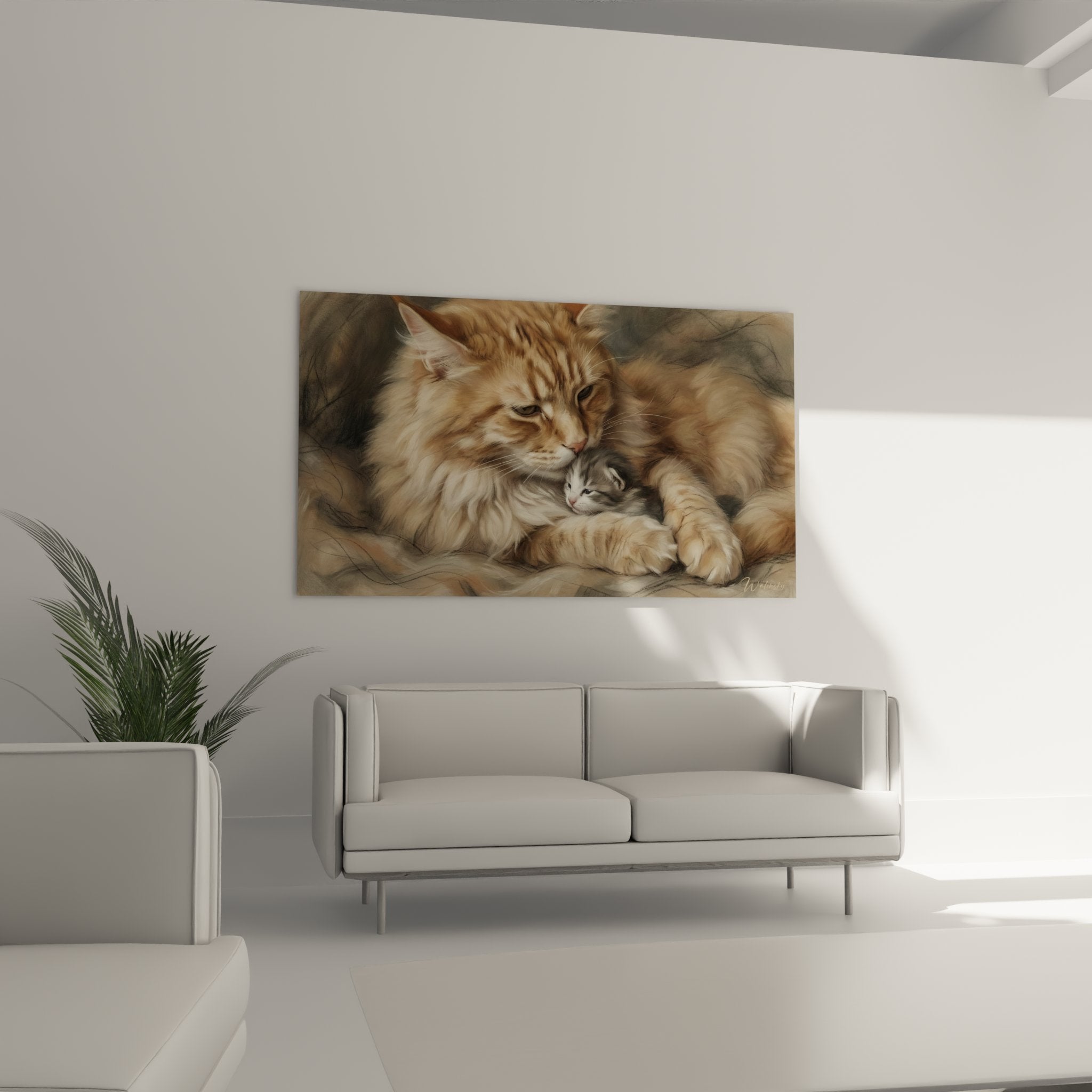Nahaufnahme Maine-Coon-Gemälde Mutter und Baby detailliertes rötliches Fell realistische Textur tierische Kunst Qualität