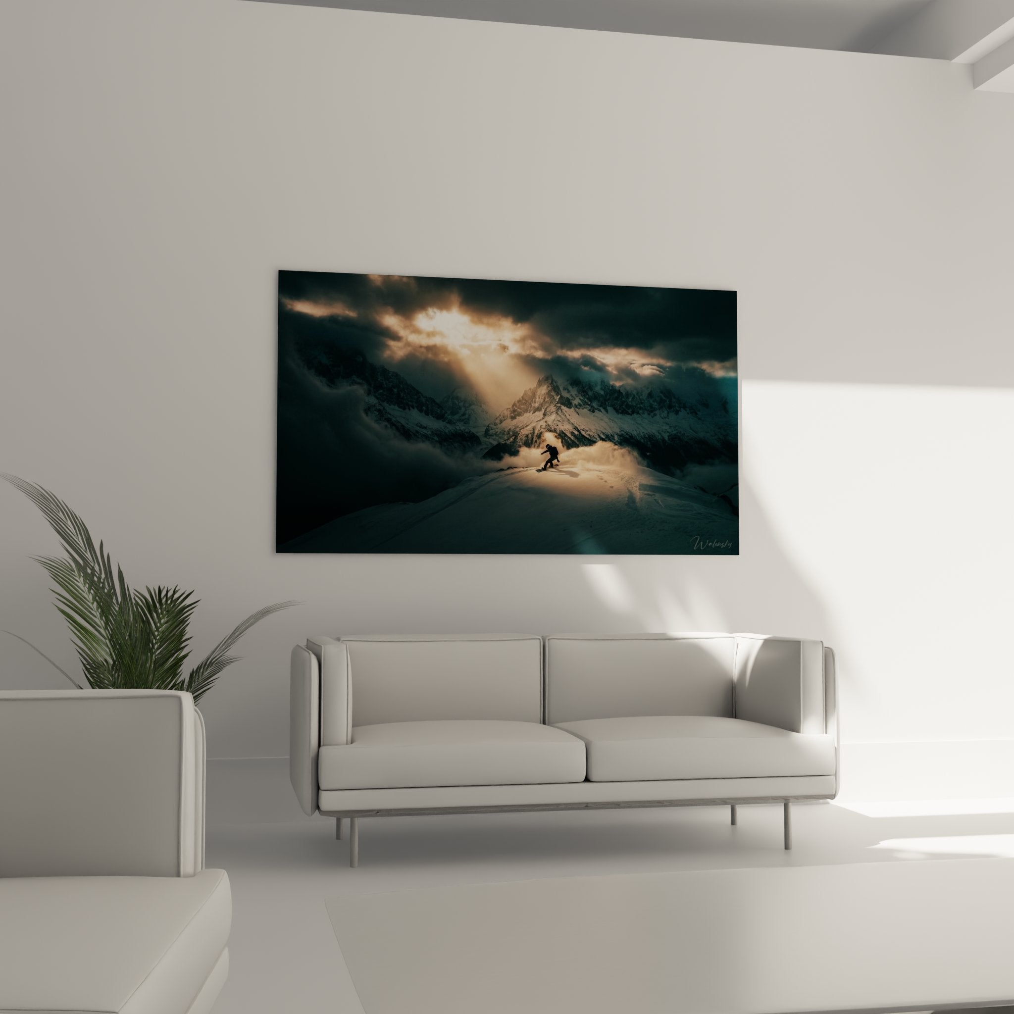 Détail tableau snowboard montagne showing texture neige et contraste lumière dramatique sur sommets alpins