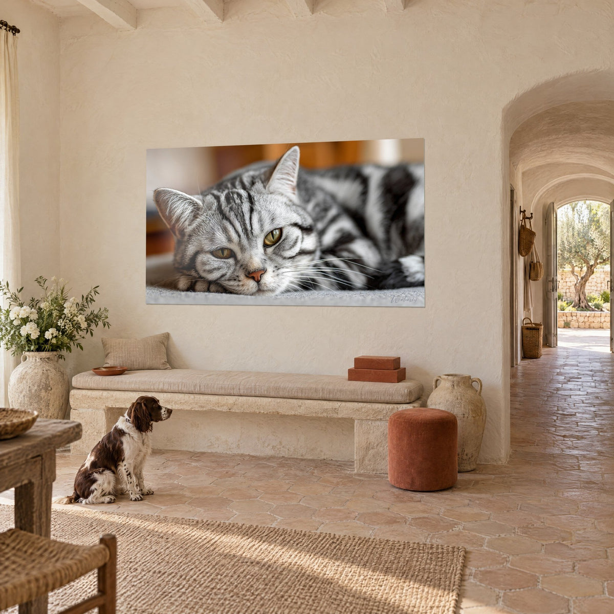 Cuadro de un American Shorthair somnoliento, pelaje gris con rayas negras sobre un fondo naranja desenfocado, pared crema del mas, spaniel sentado