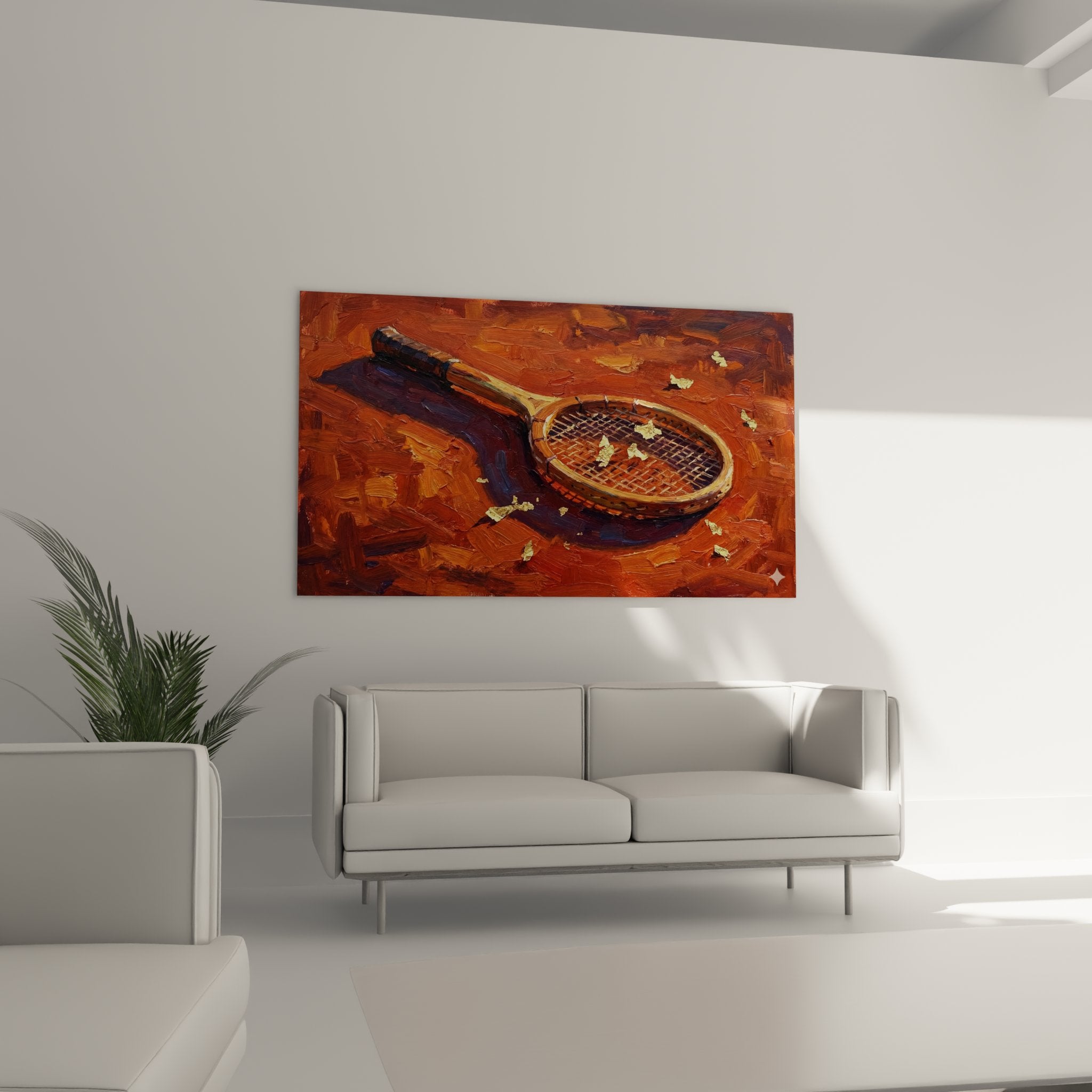 Detail peinture raquette tennis cordage texture empâtements feuilles dorees ombre portee