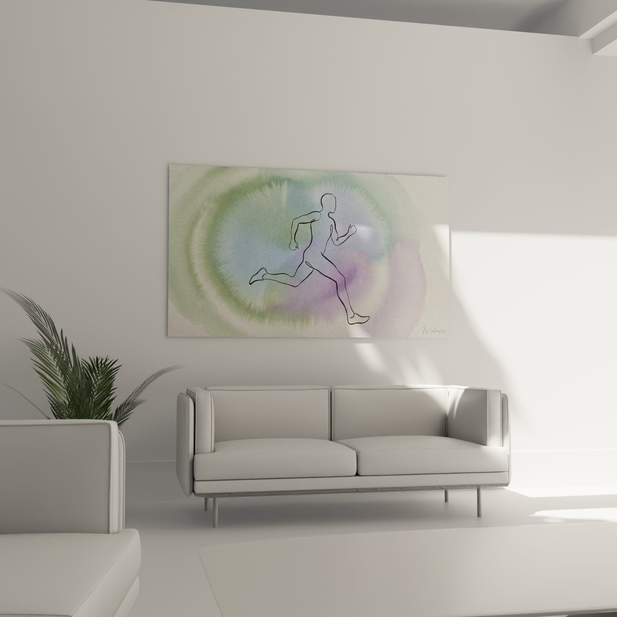 Dettaglio ravvicinato dei tratti neri del disegno del corridore e texture acquerello colorato