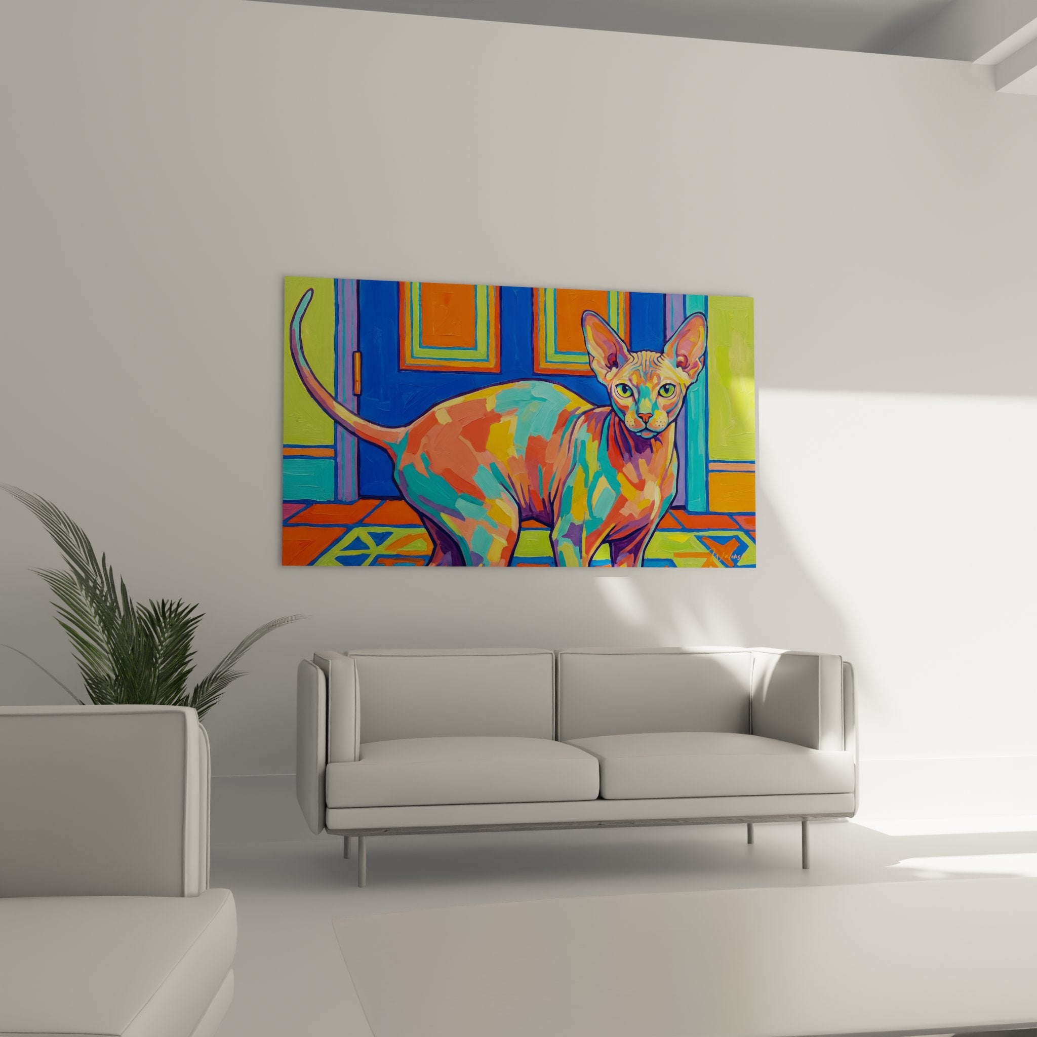 Nahaufnahme-Detail des Katzentableaus Peterbald moderne Kunst mit farbigen Texturen und ausdrucksstarken Augen der Felide
