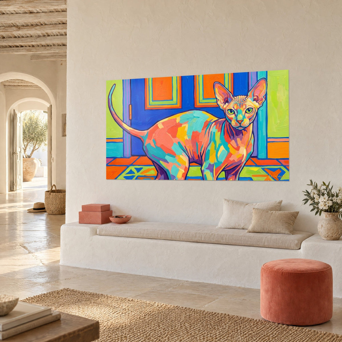 Gemälde nackte Katze mit großen Ohren, korallenrosa und gelber Körper, feiner aufgerichteter Schwanz, dreiviertel Ansicht in einem mediterranen Haus