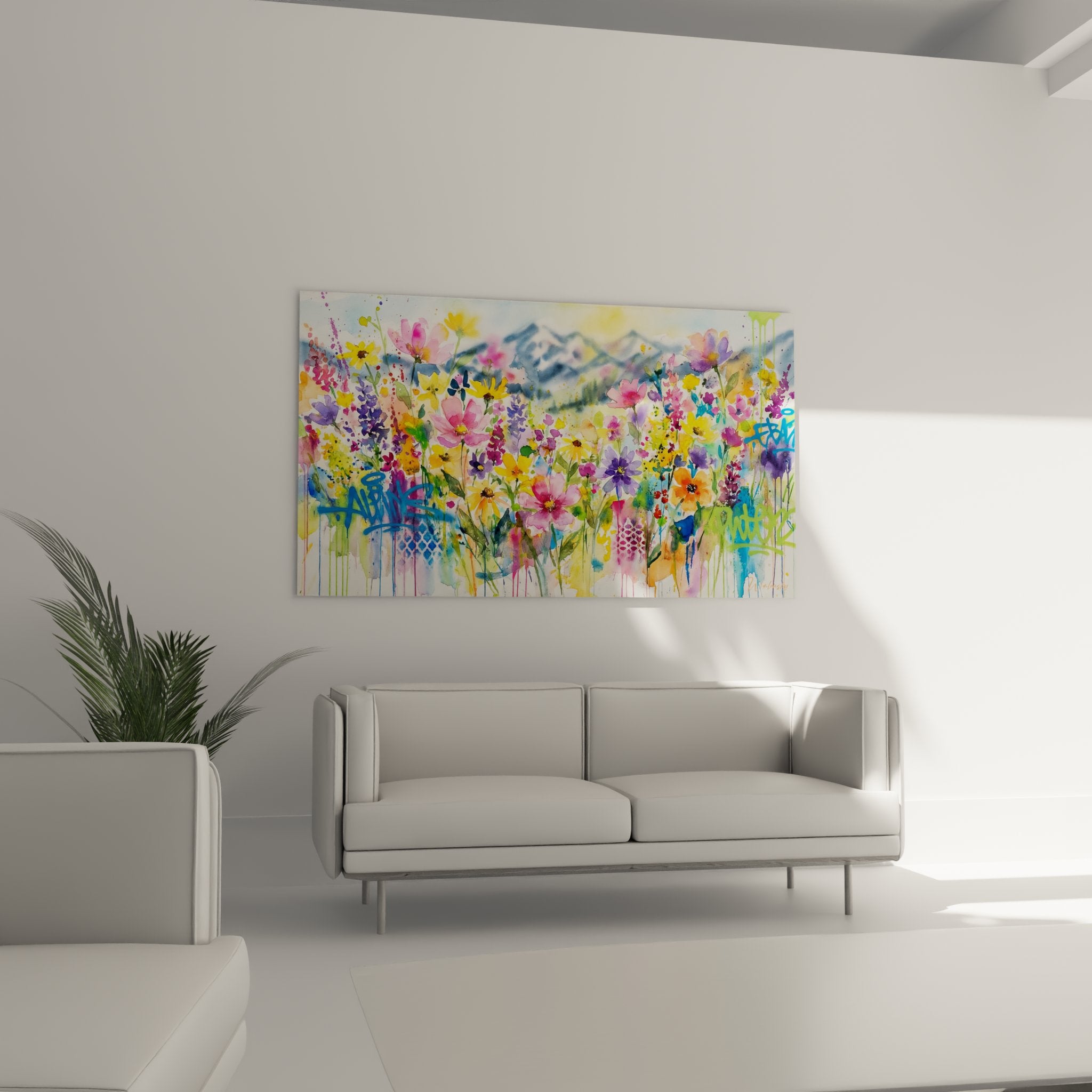 Detail of wild flowers in pink, purple and yellow on canvas with watercolor technique and artistic drips