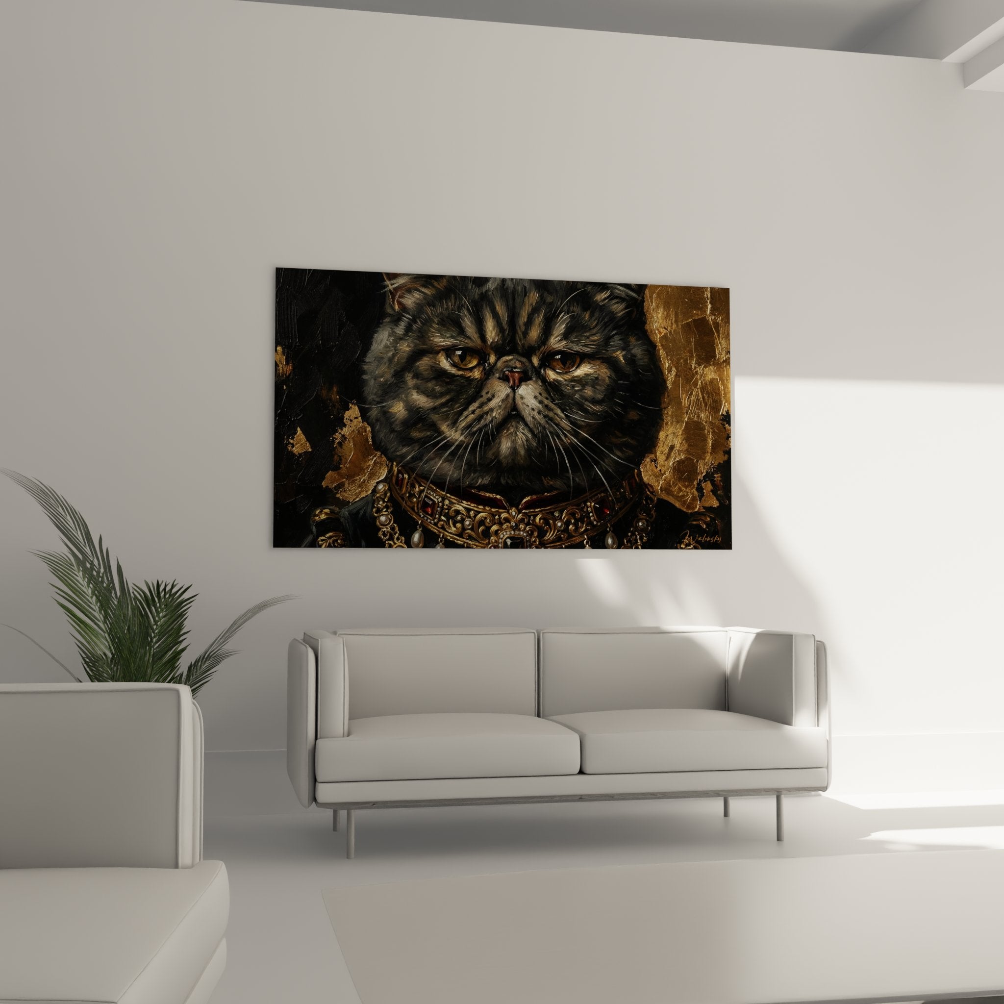 Detailansicht des Gemäldes, das das ausdrucksstarke Gesicht der Exotic-Shorthair-Katze mit ihren bernsteinfarbenen Augen und ihrer goldenen Ausstattung zeigt