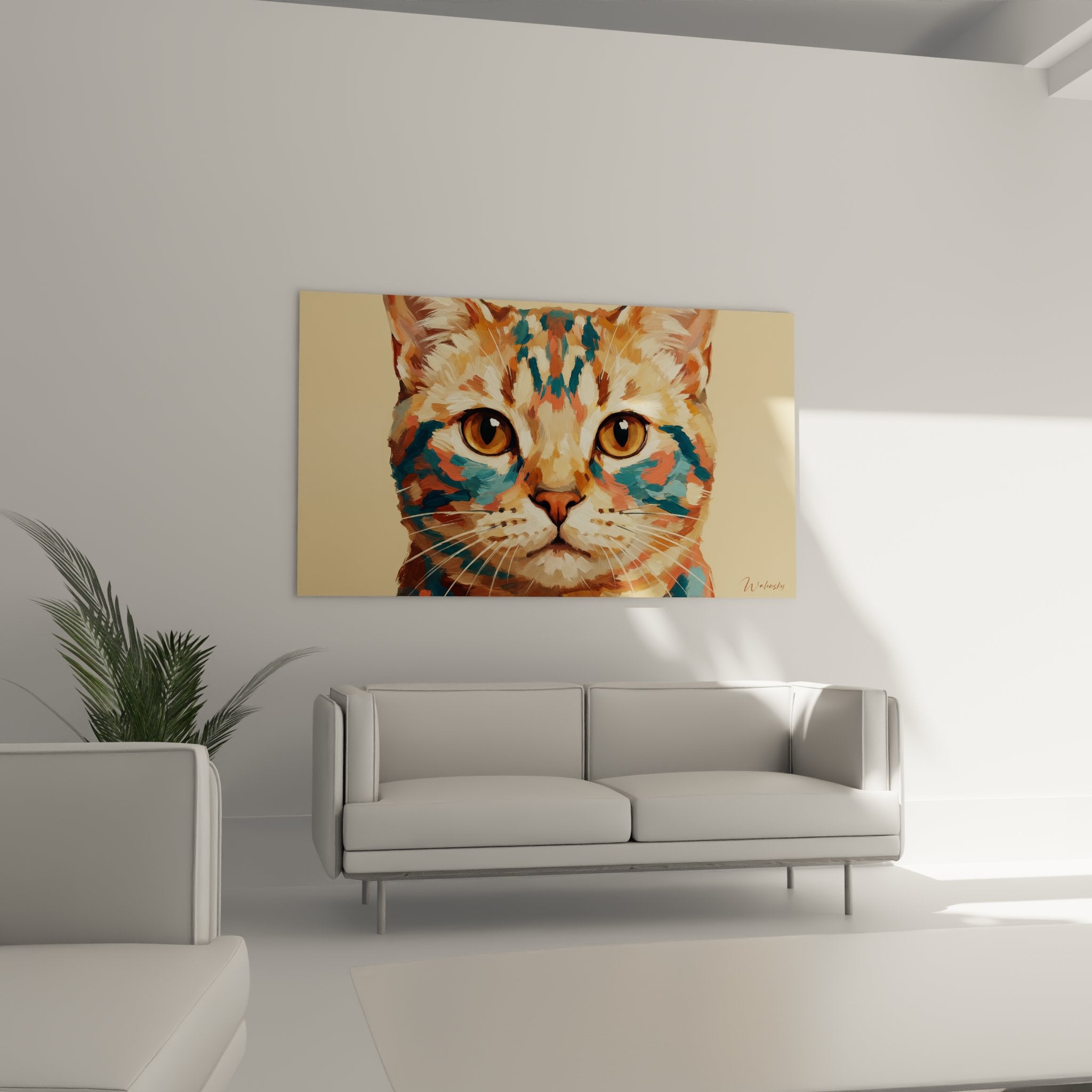Nahaufnahme Portraittafel American Shorthair Katze mit bernsteinfarbenen Augen und expressiver bunter Pinseltechnik
