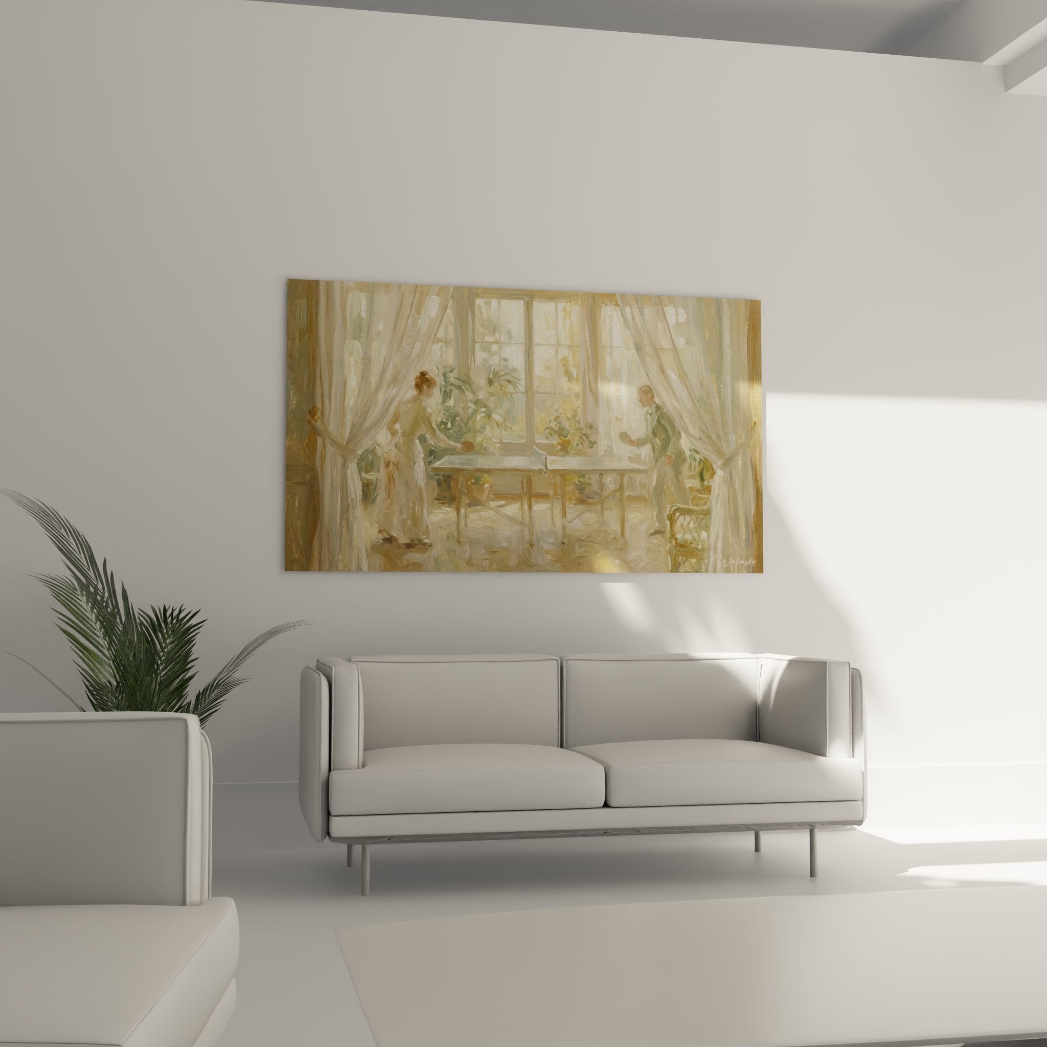 Détail peinture intérieur bourgeois montrant technique impressionniste et jeux de lumière