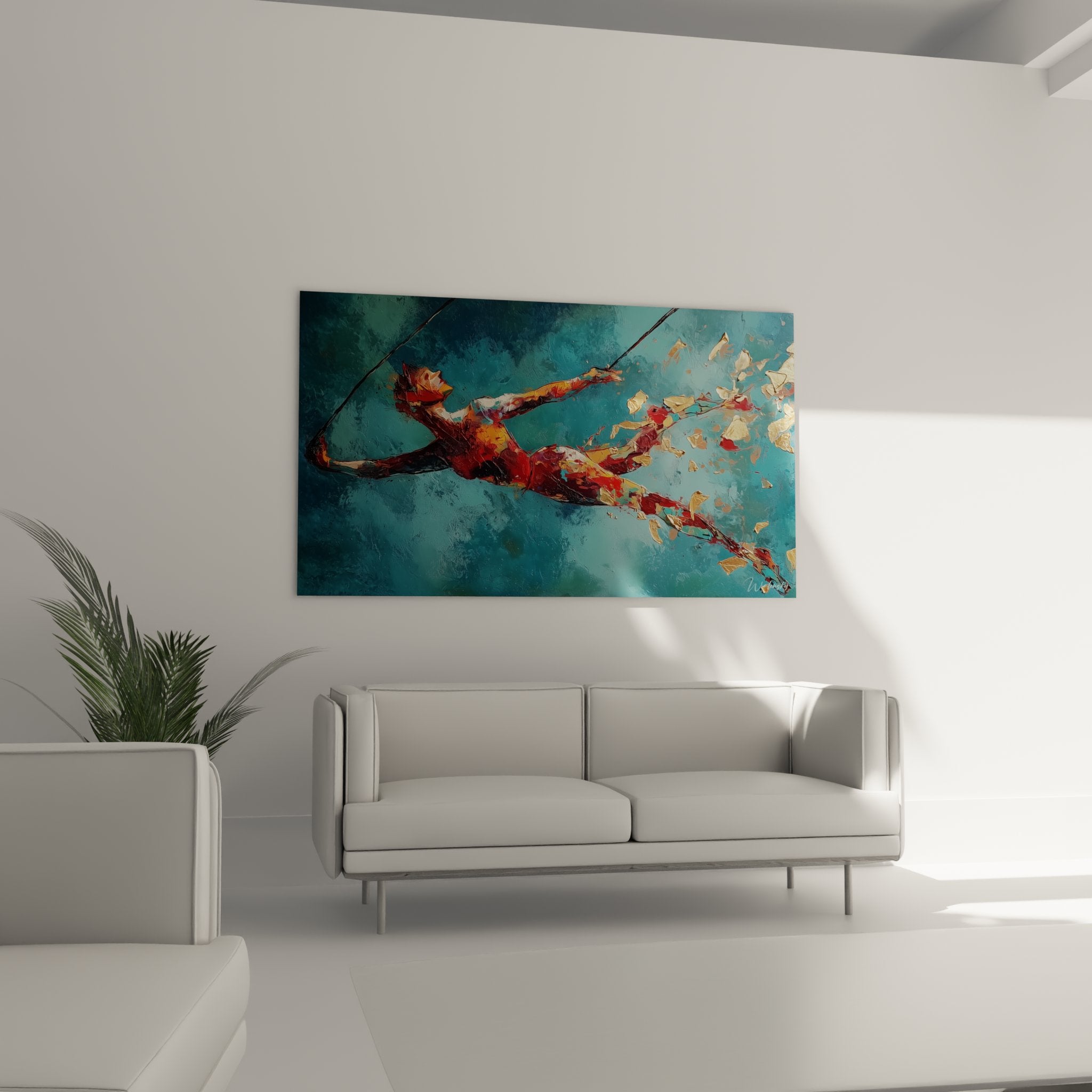 Dettaglio dipinto trapezista - tecnica impasto e frammenti dorati su tela blu - arte contemporanea circo