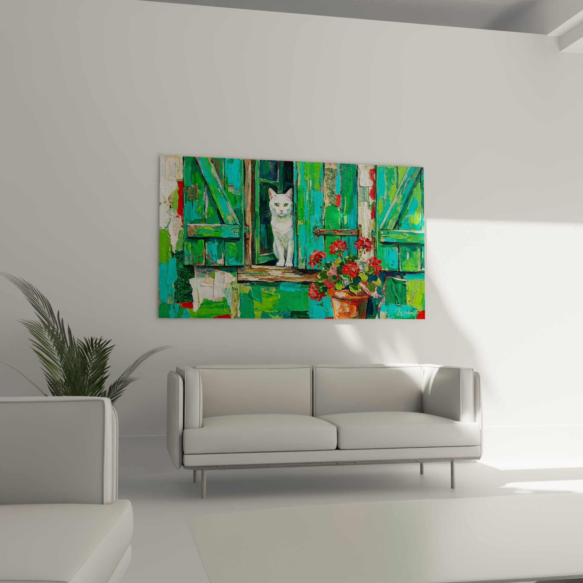 Détail peinture chat blanc aux yeux verts sur rebord fenêtre volets turquoise patinés