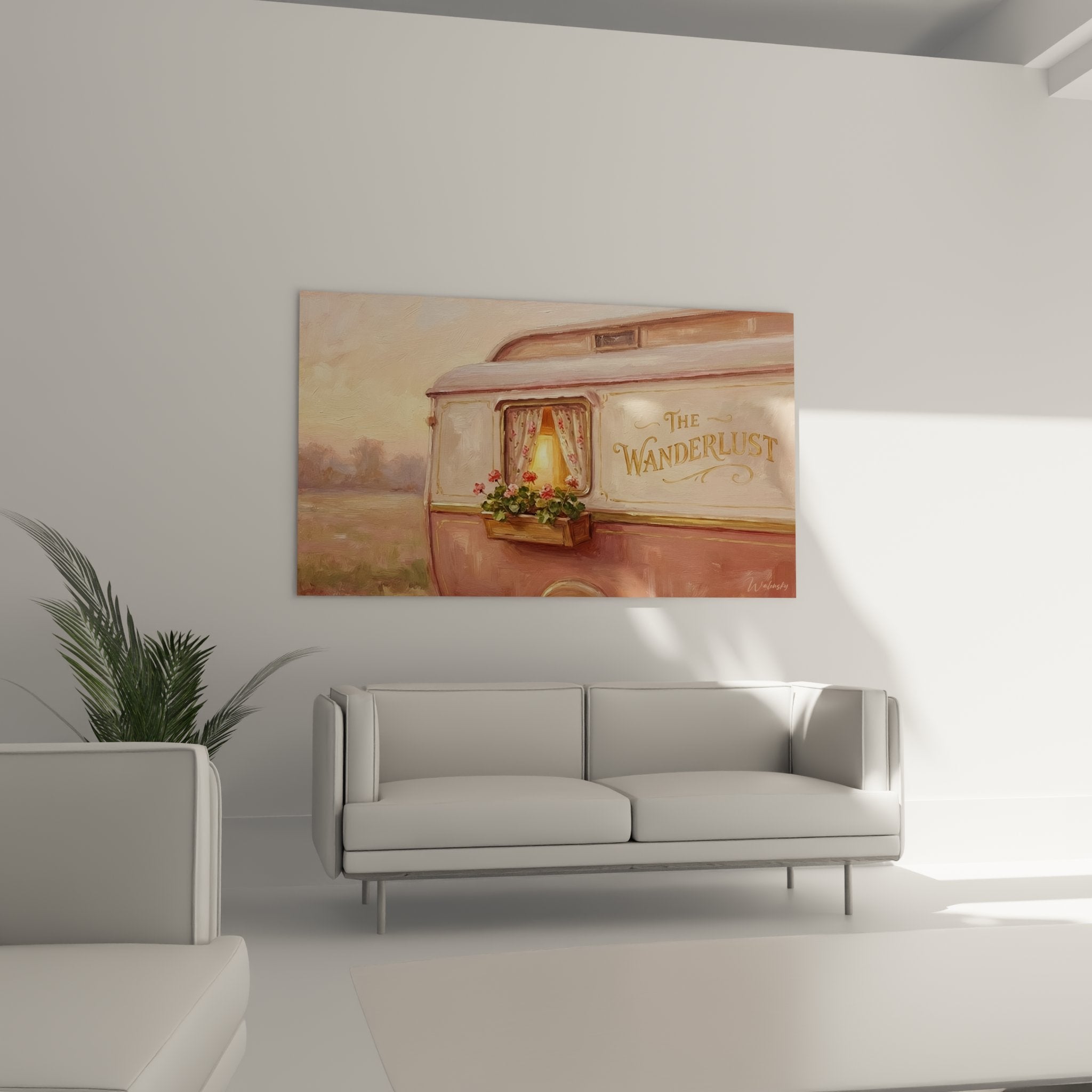 Detail rapproche tableau caravane The Wanderlust, jardiniere fleurie et rideaux floraux, peinture vintage