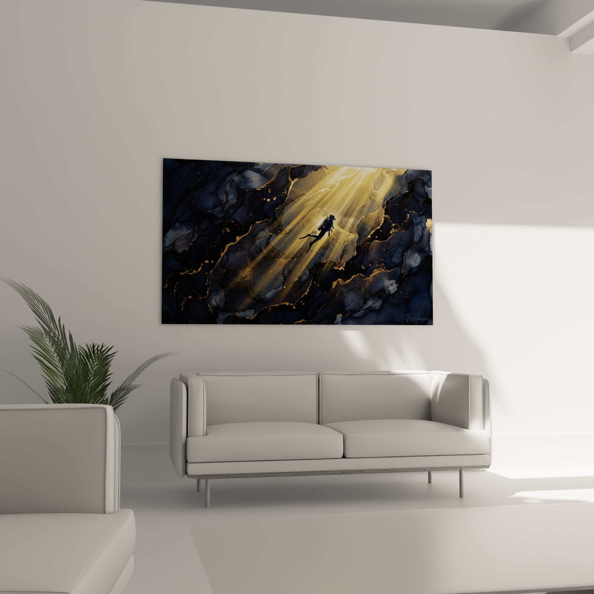 Detail of the diver artwork in golden rays showing blue and gold abstract textures