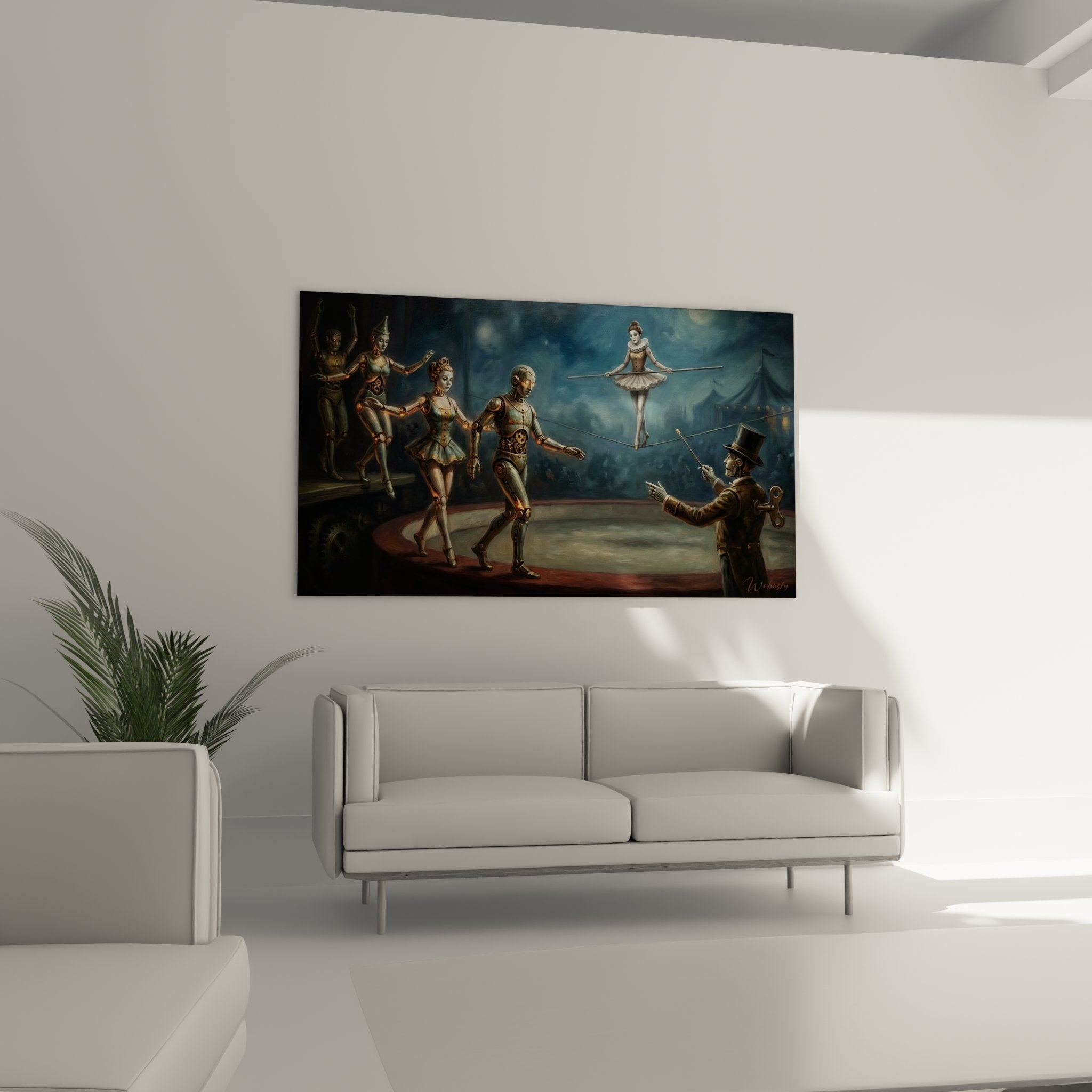 Détail rapproché des automates danseurs mécaniques aux mécanismes cuivrés et articulés du tableau cirque