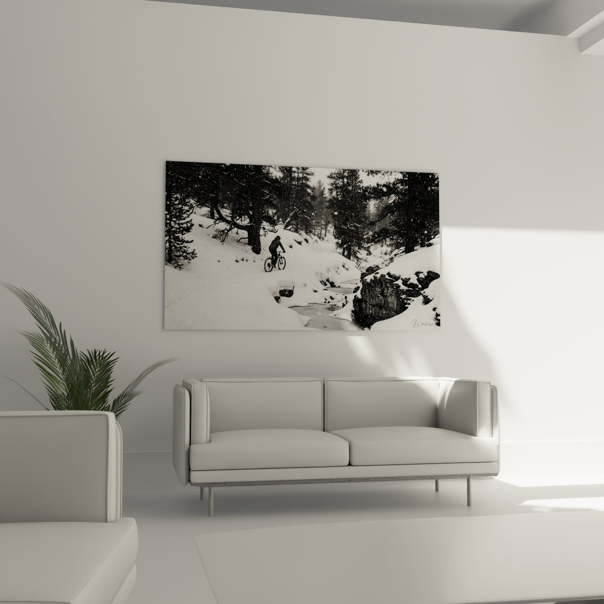 Detail tableau VTT hiver montrant texture neige et contraste noir blanc de la scene cycliste