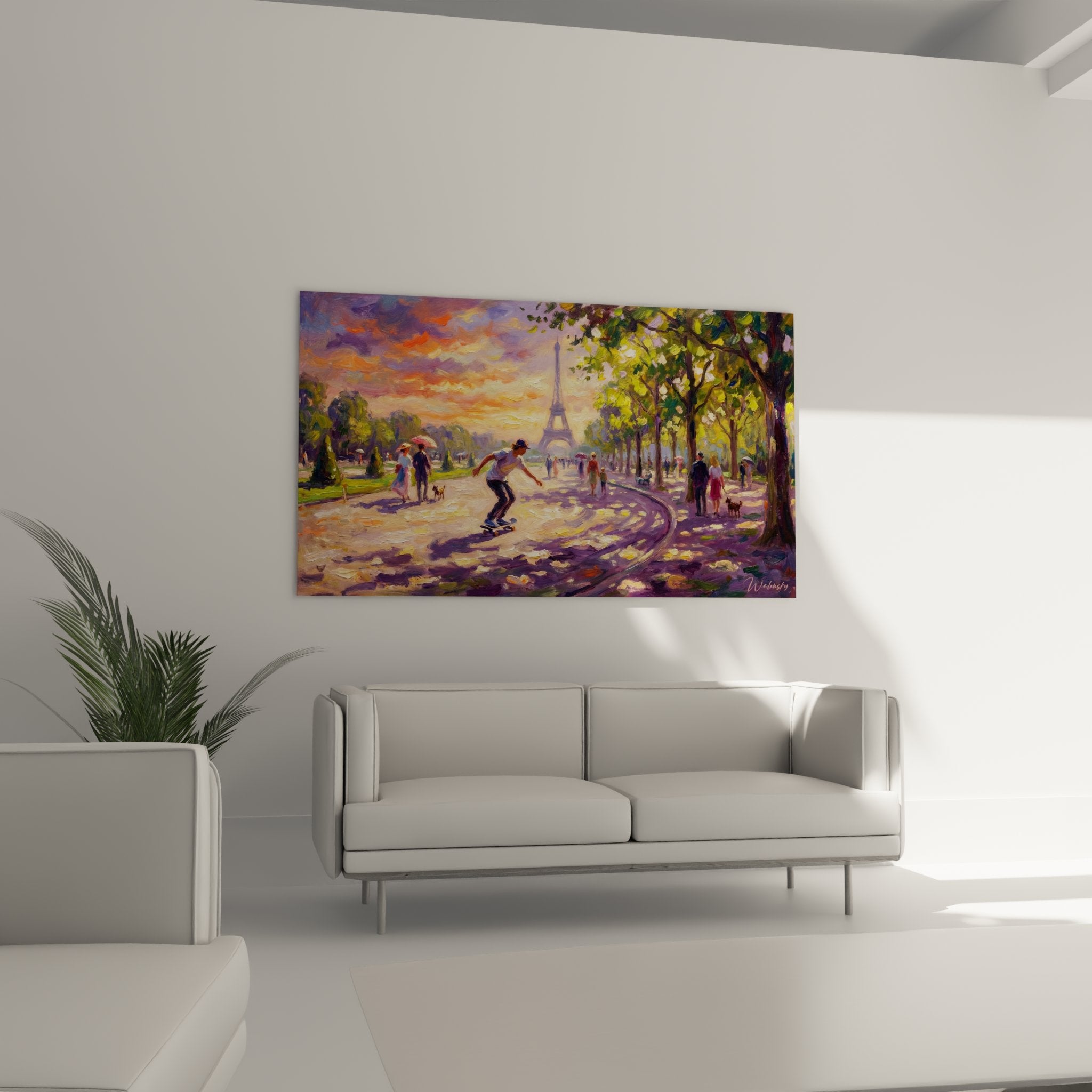 Détail tableau skateboard parisien, technique peinture impressionniste skateur Tour Eiffel couleurs vives