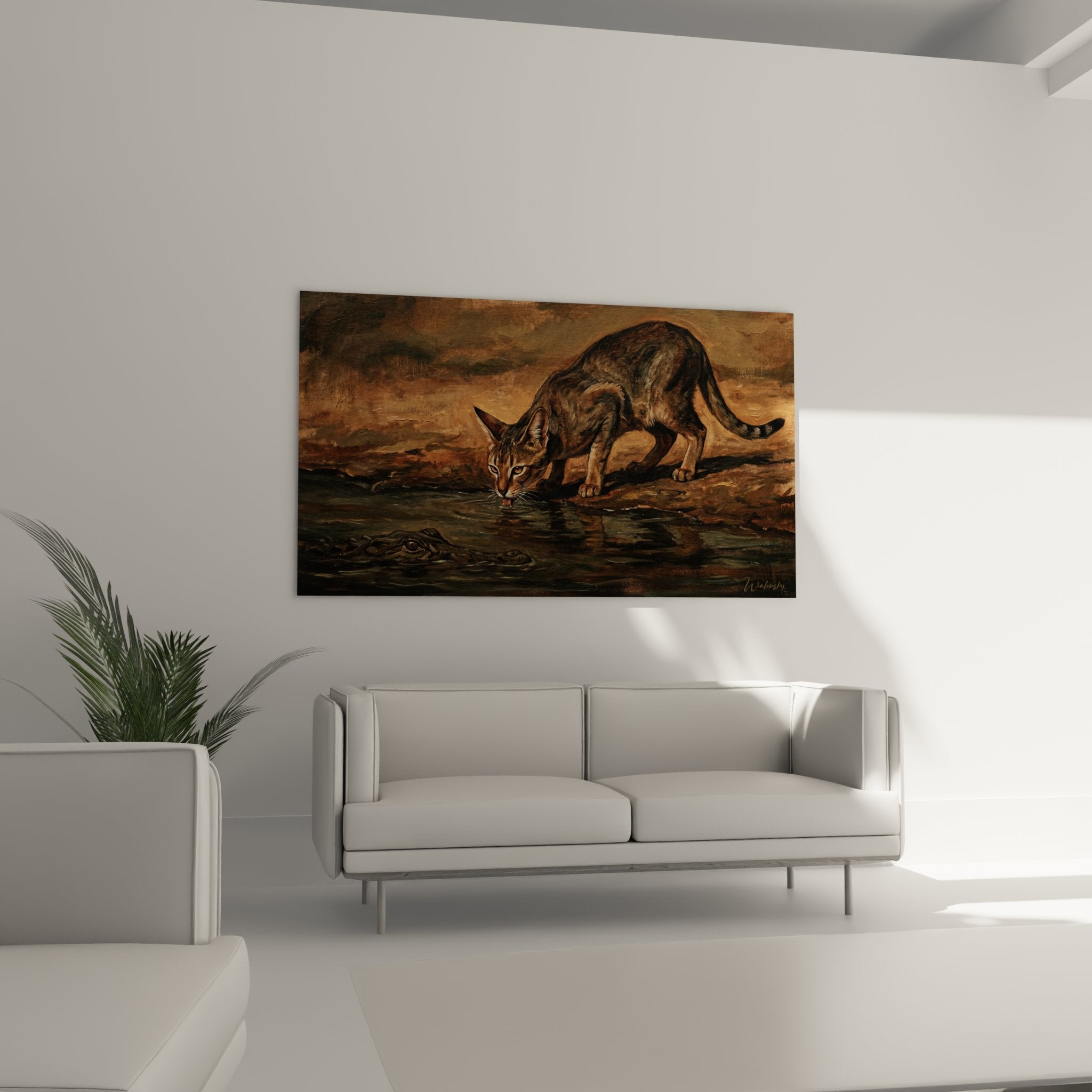 Detail gros plan chat Chausie pelage brun tachete yeux perçants tableau art felin qualite superieure