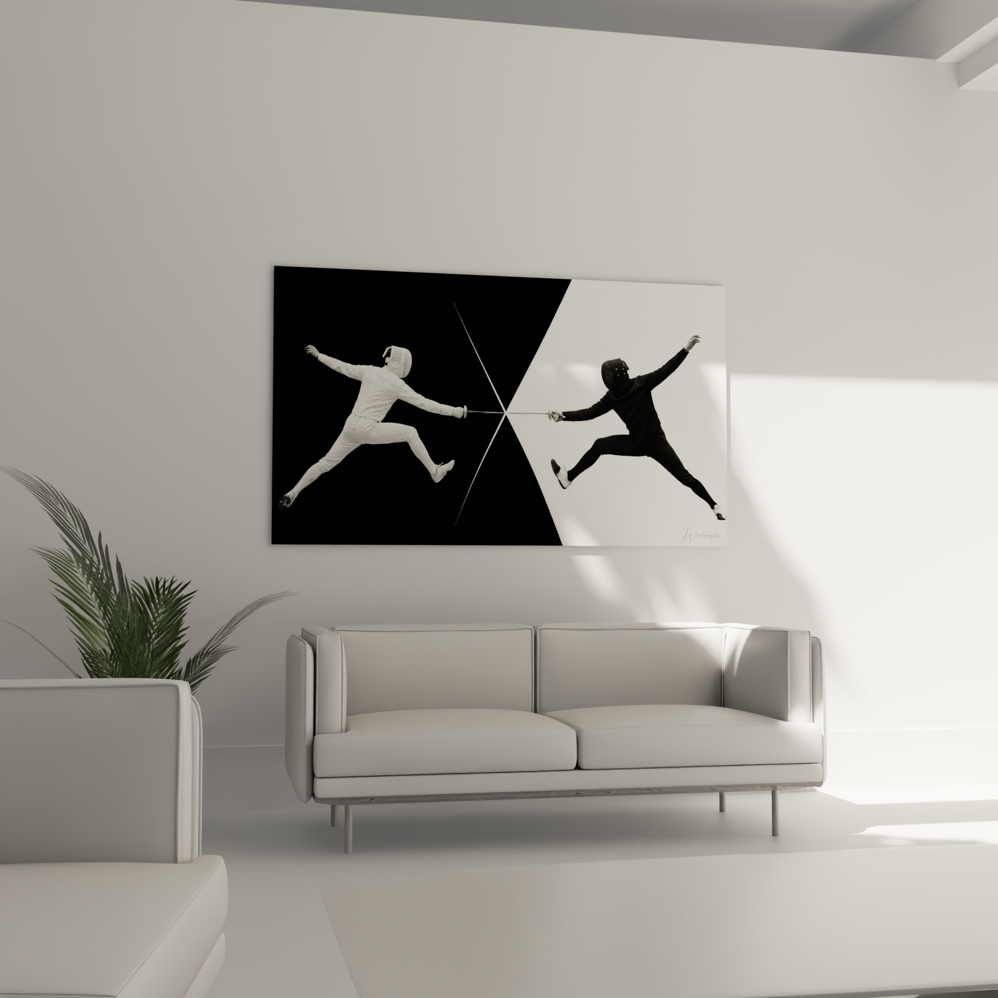 Detail tableau escrime gros plan escrimeurs noir blanc art mural sport combat artistique