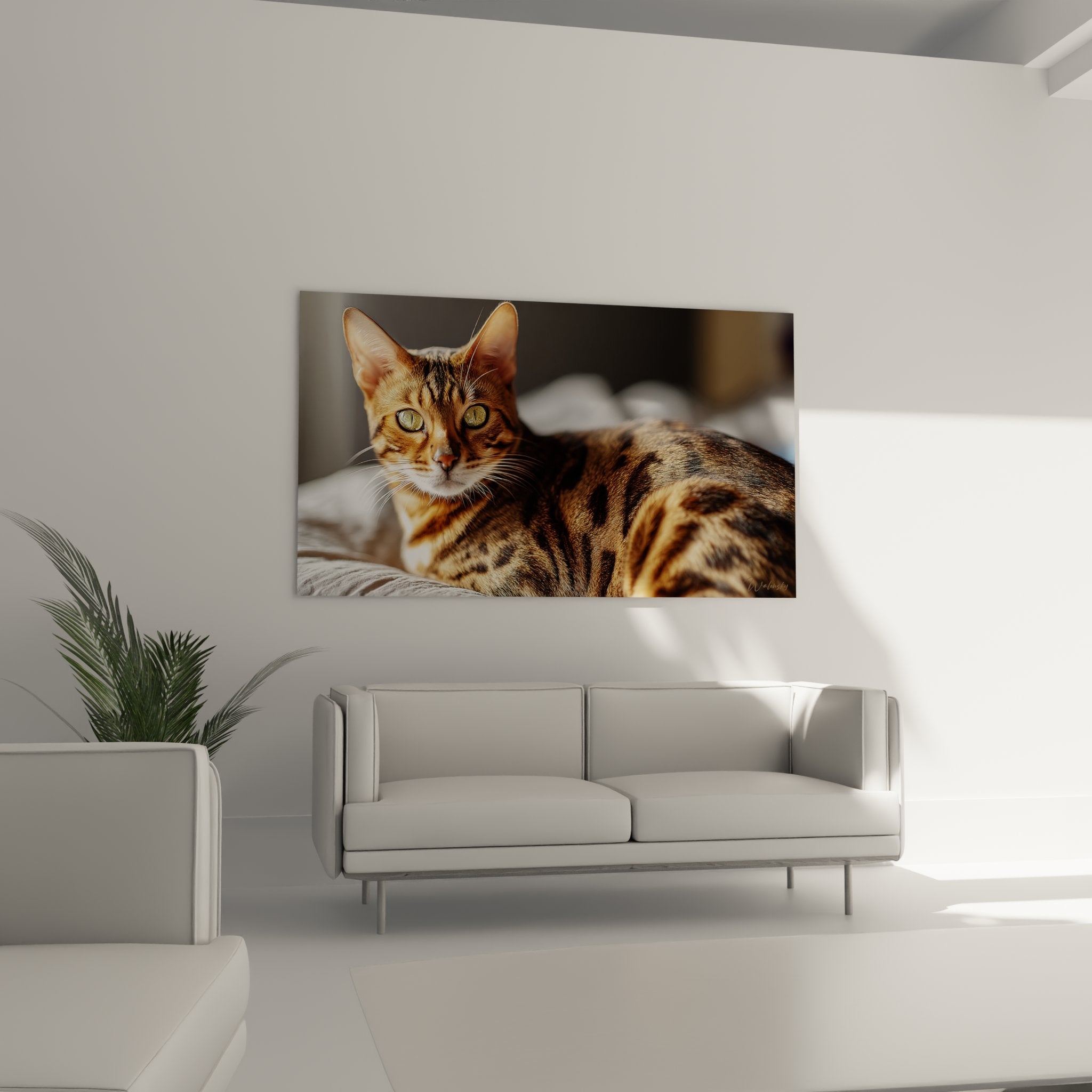 Gros plan yeux dorés chat Bengal, détails pelage tigré et expression intense, qualité haute définition