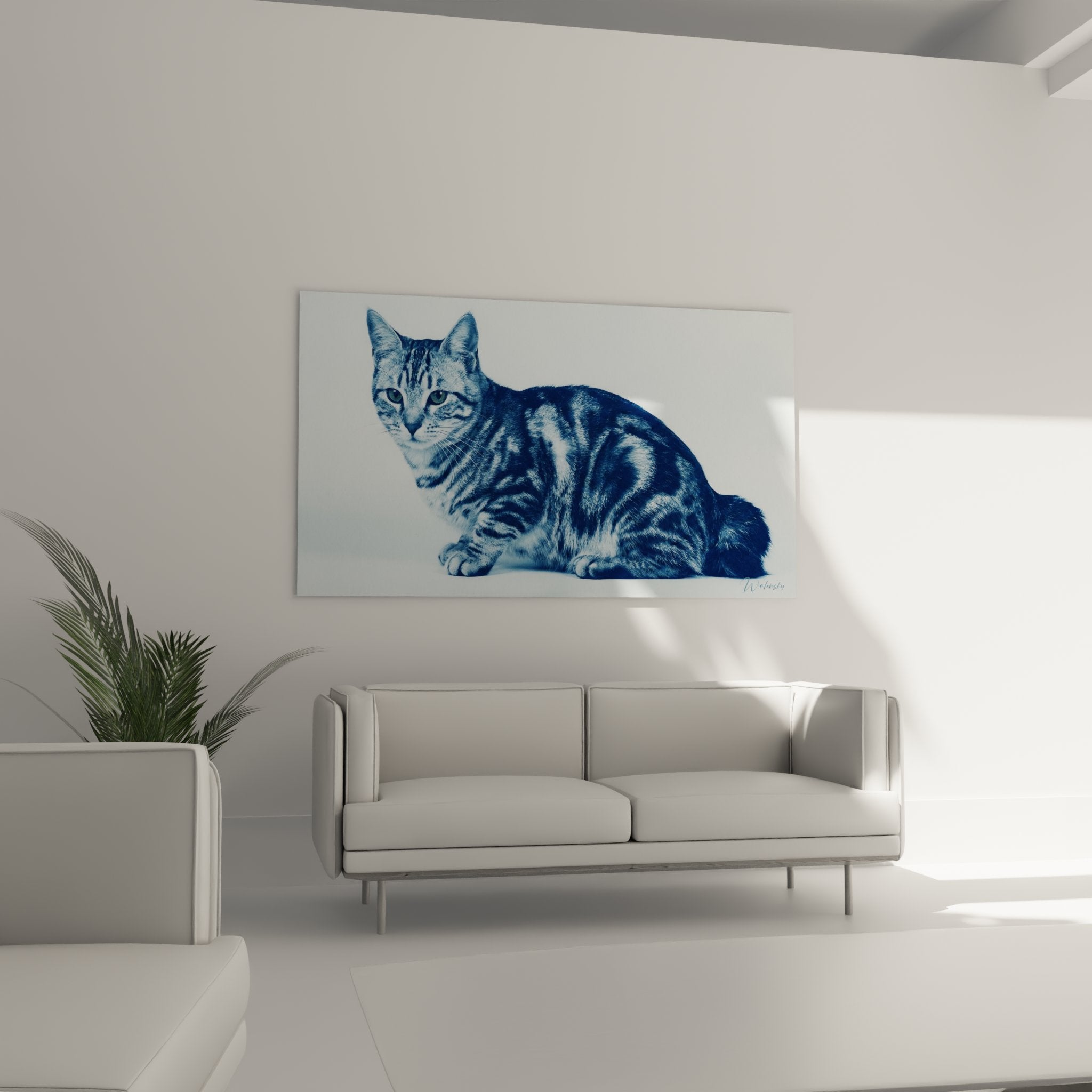 Détail du portrait artistique chat American Bobtail avec effet monochrome bleu