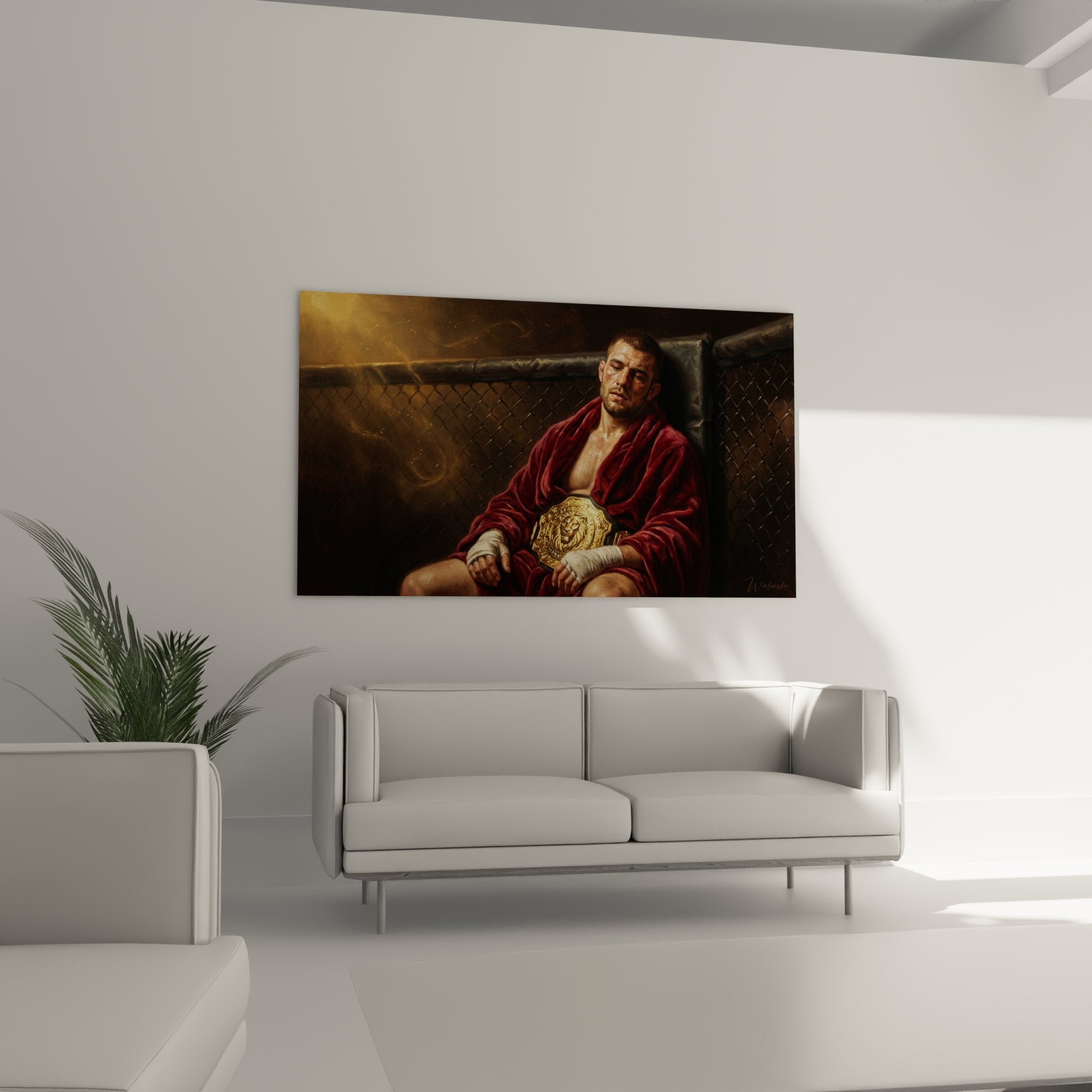 Détail tableau fighter MMA ceinture champion dorée lion mains bandées expression victorieuse post-combat