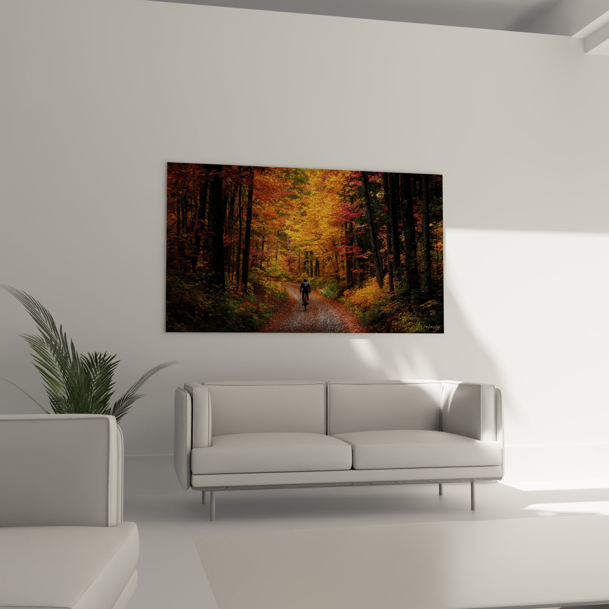 Detail tableau VTT foret automne, texture couleurs automnales oranges rouges, cycliste sur sentier forestier