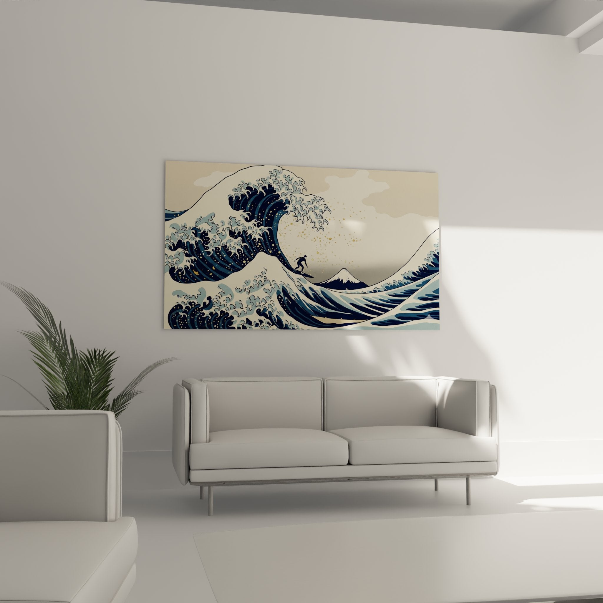 Détail tableau surfeur sur grande vague bleue, mousse écumante et embruns style art japonais ukiyo-e