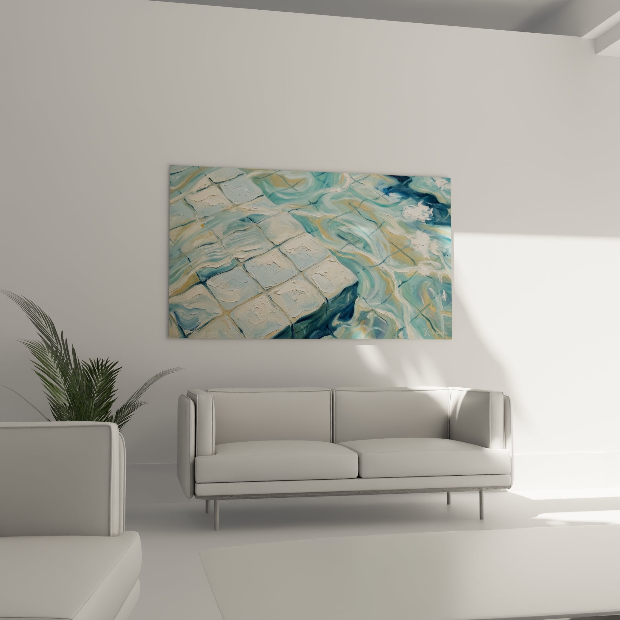 Detail gros plan peinture reflets eau piscine carrelage technique artistique realiste natation