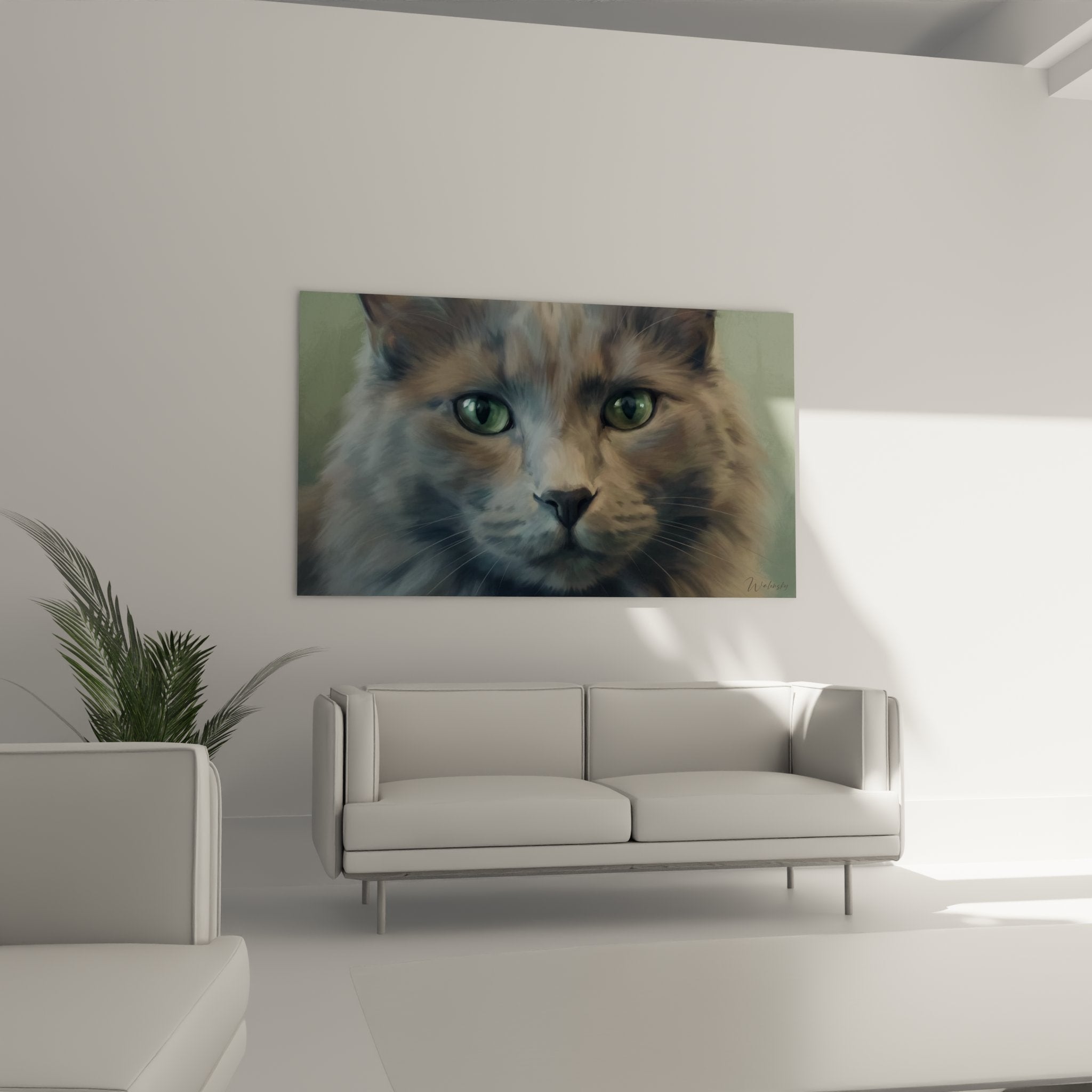 Close-up Nebelung cat artwork, emerald green eyes details and realistic grey-blue fur