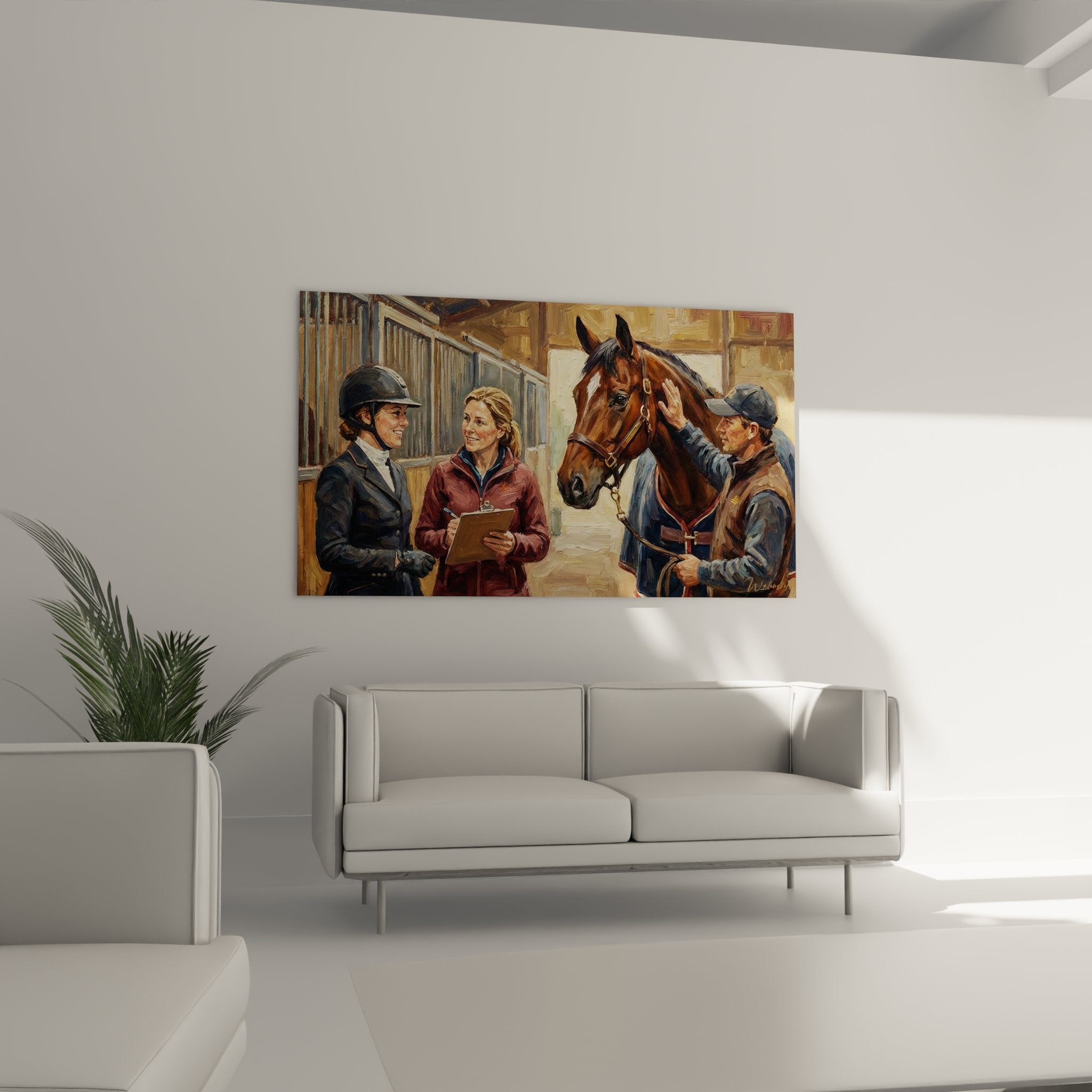 Equestrian painting detail veterinary care scene chestnut horse authentic stables