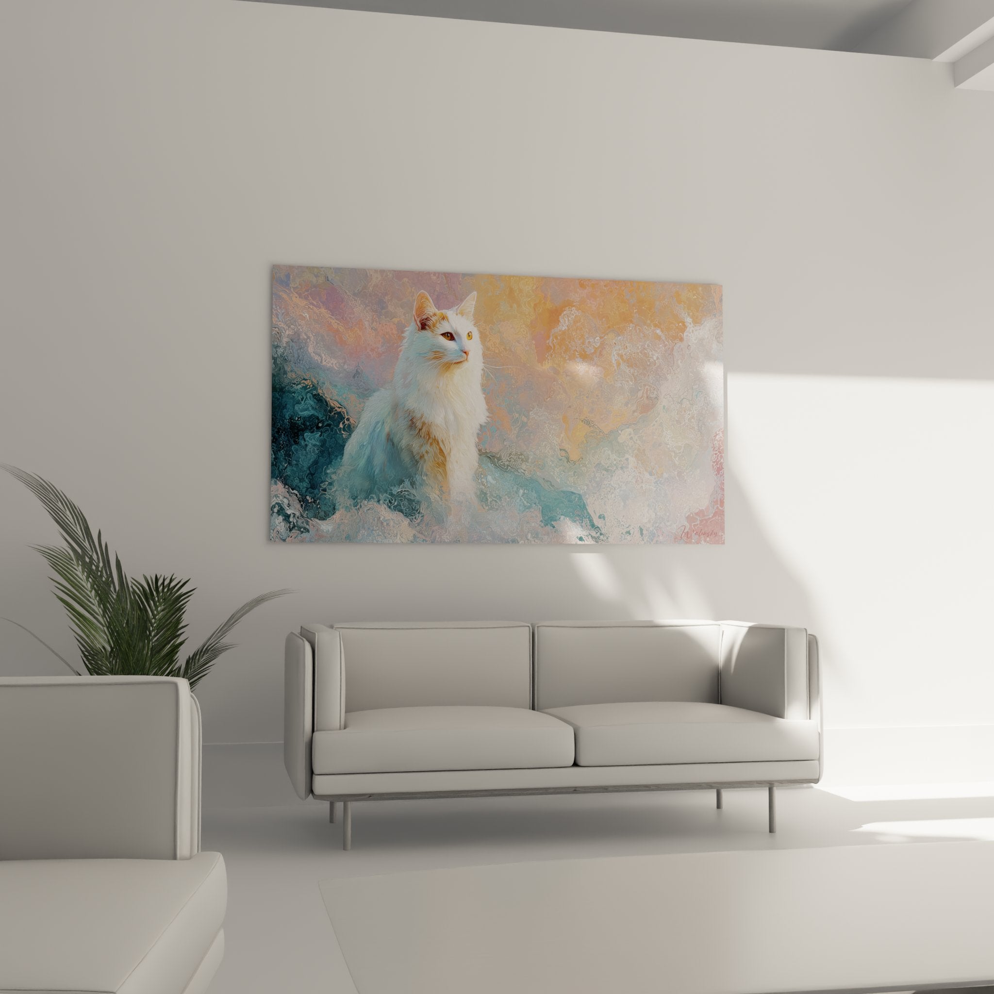 Gros plan chat Turkish Van aquarelle yeux ambre pelage blanc roux technique peinture pastel artistique