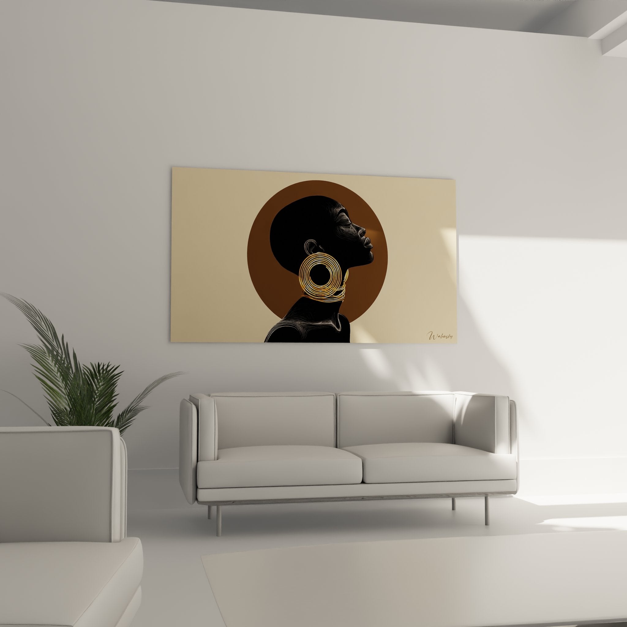 Dettaglio dipinto donna africana, collana a spirali dorate, tecnica artistica raffinata, arte contemporanea