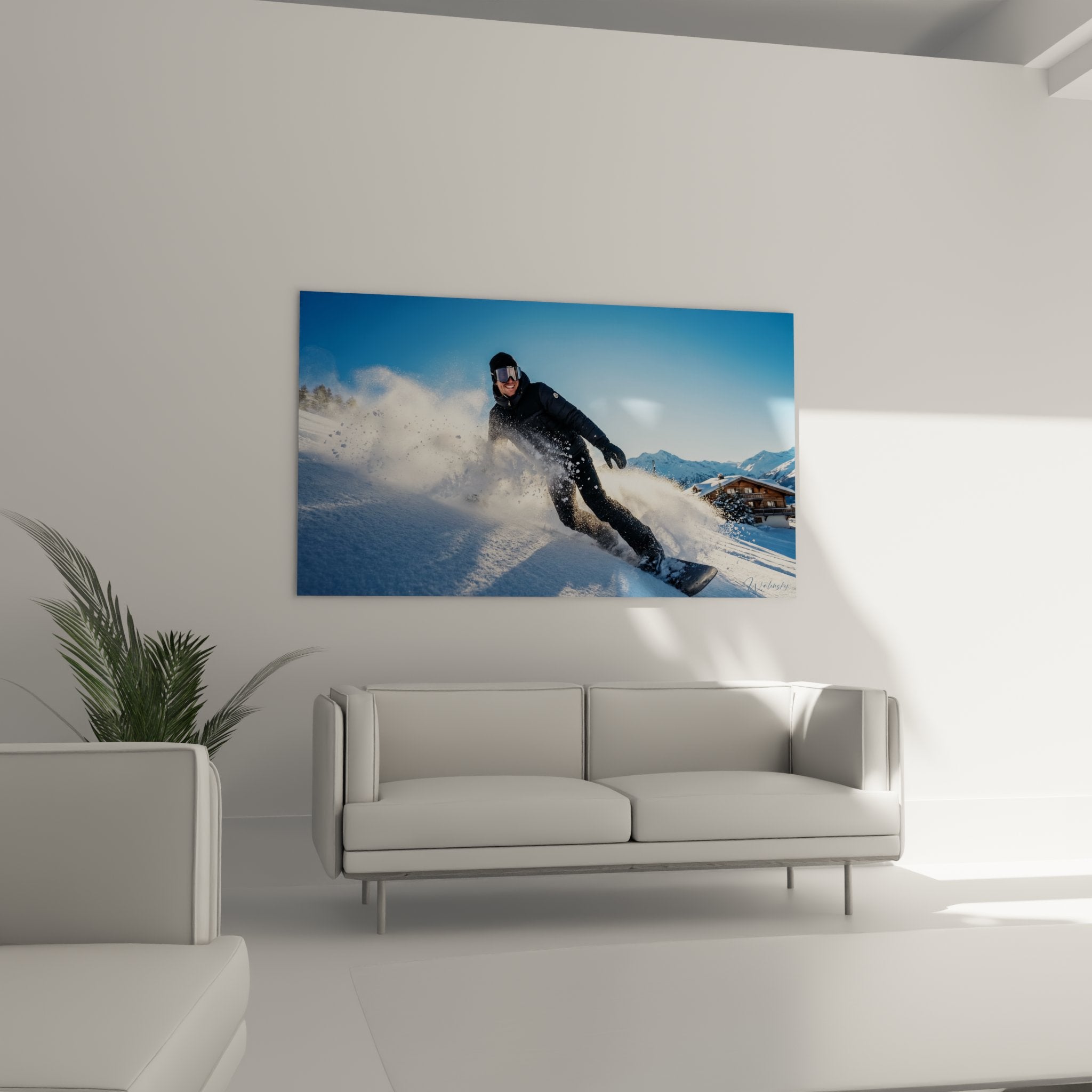 Détail impression haute qualité snowboardeur poudreuse avec effets de neige et contraste saisissant