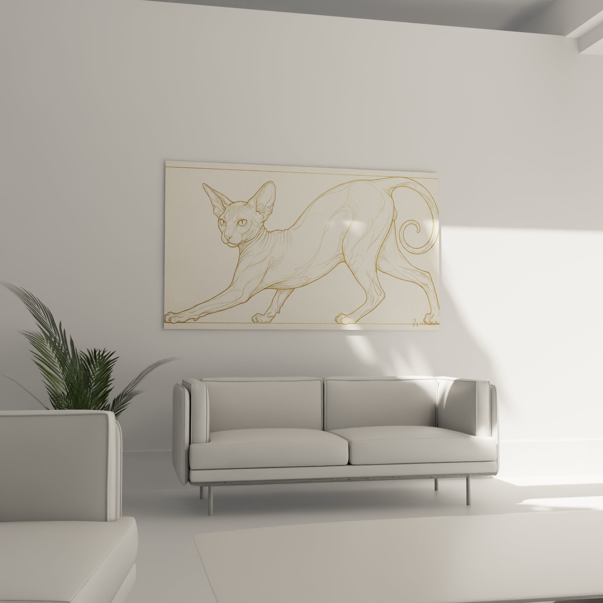 Detail des Sphynx-Katzen-Gemäldes mit ausdrucksstarken goldenen Linien und verfeinerte Skizzentechnik