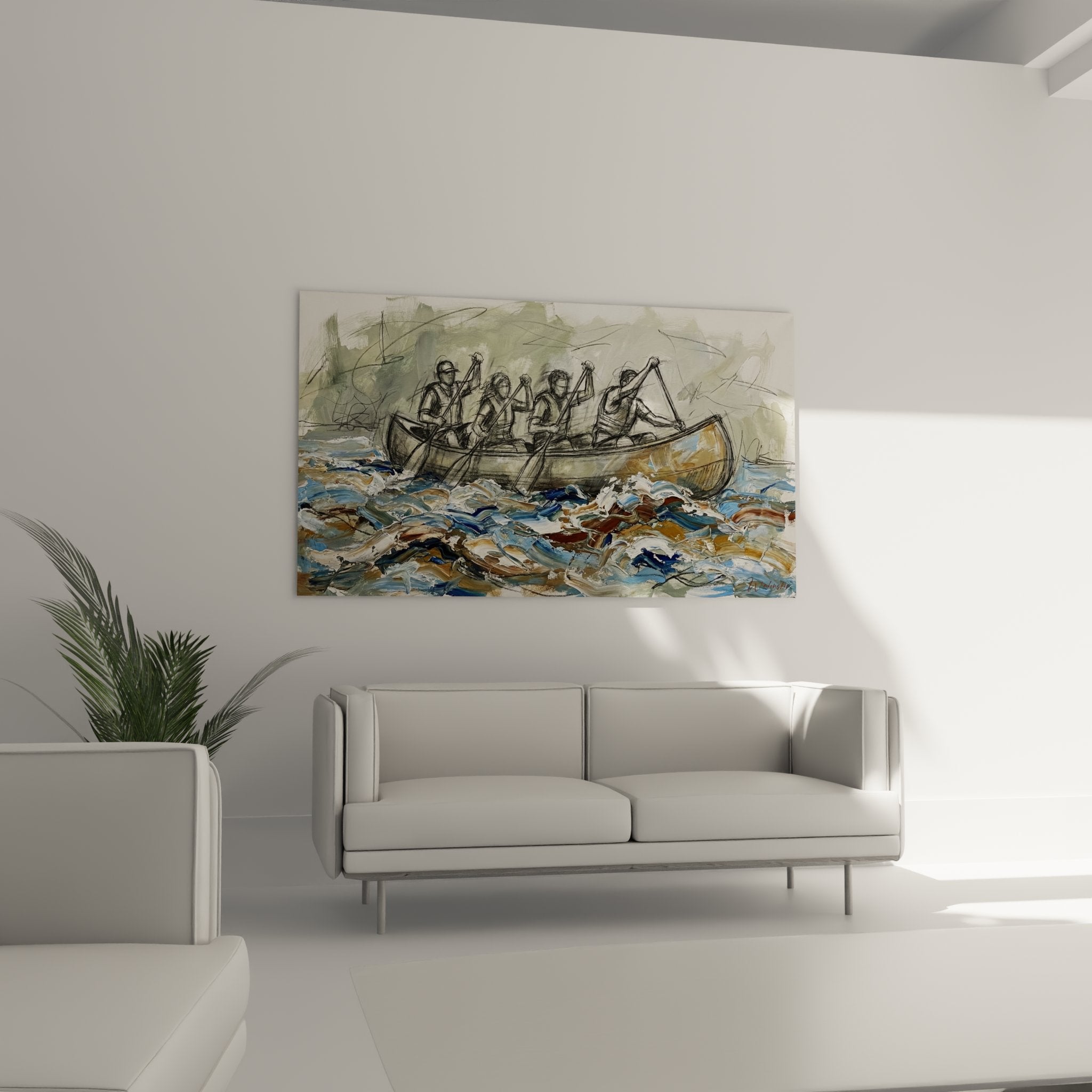 Détail rapproché du tableau canoë montrant les rameurs et leurs pagaies avec technique de peinture expressionniste