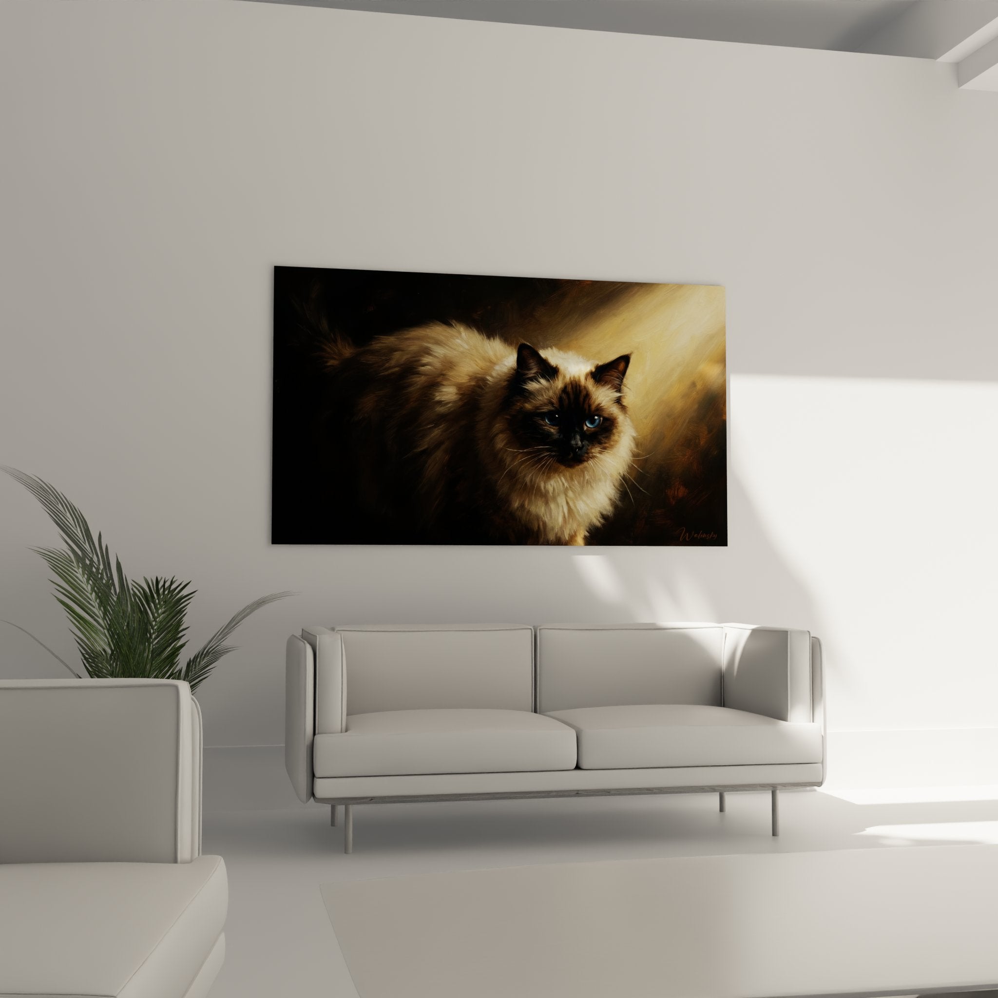 Primo piano ritratto gatto birmano con occhi blu penetranti, dettagli del manto setoso, pittura realistica alta qualità