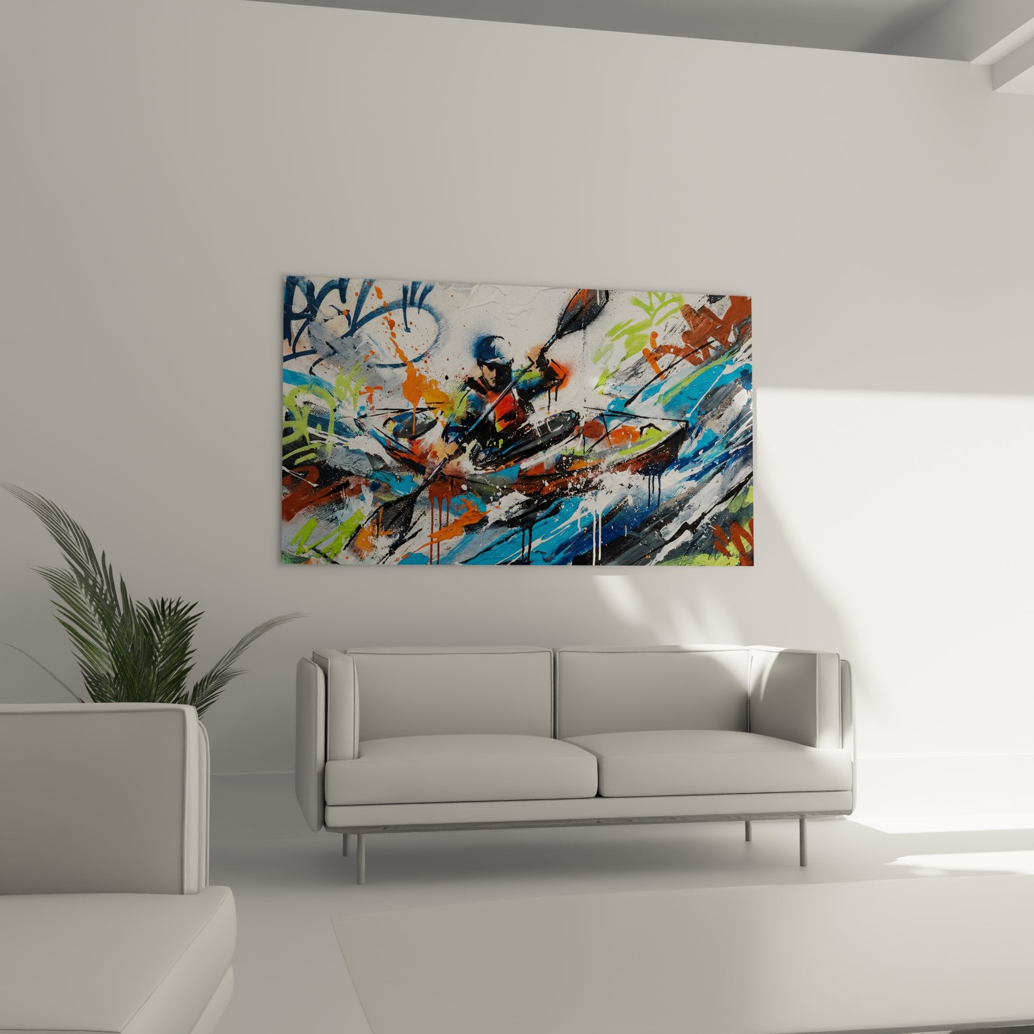 Abstract kayak painting detail, textured paint and vibrant colors, expressive modern art