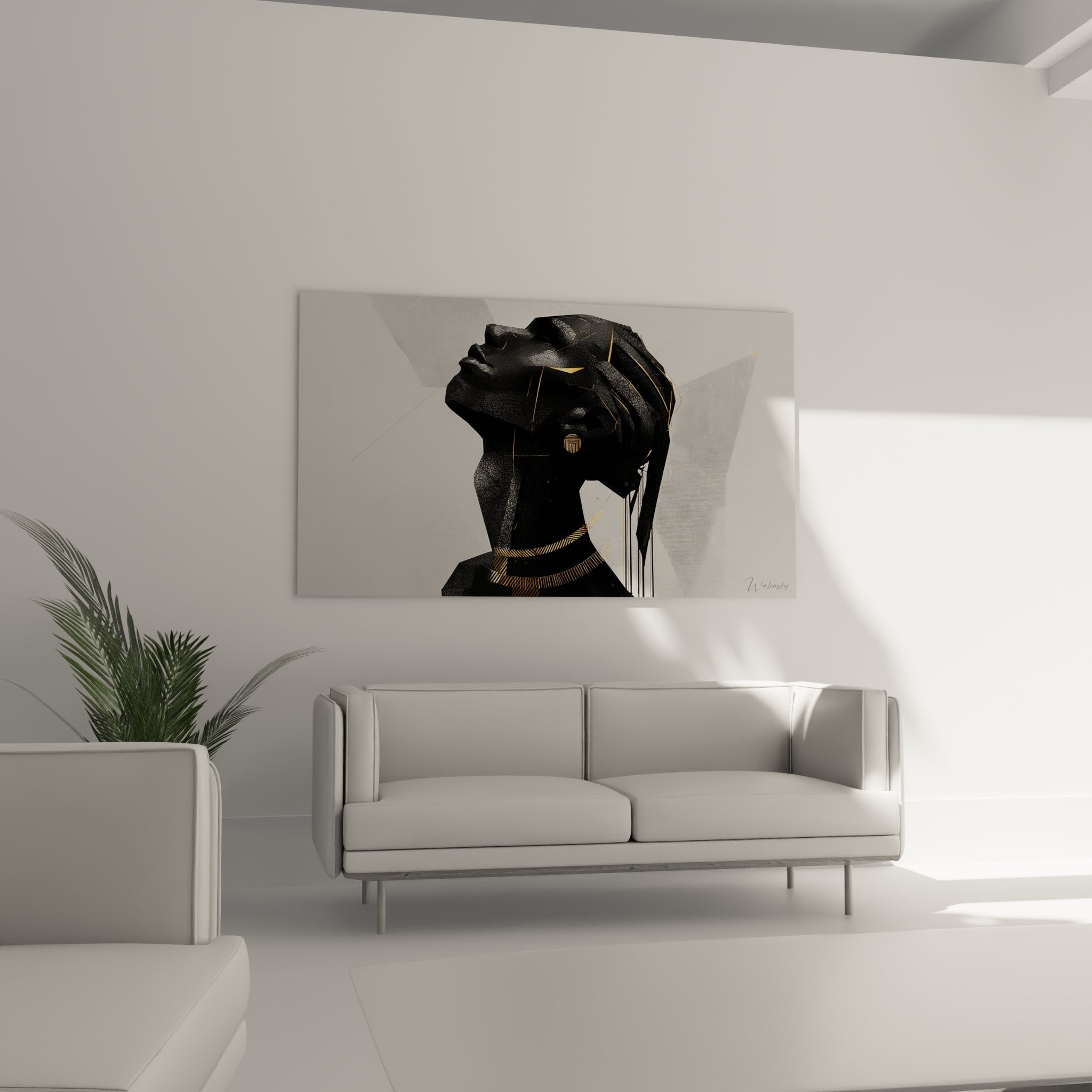 Dettaglio quadro ritratto donna africana profilo nobile con elementi dorati arte murale moderna