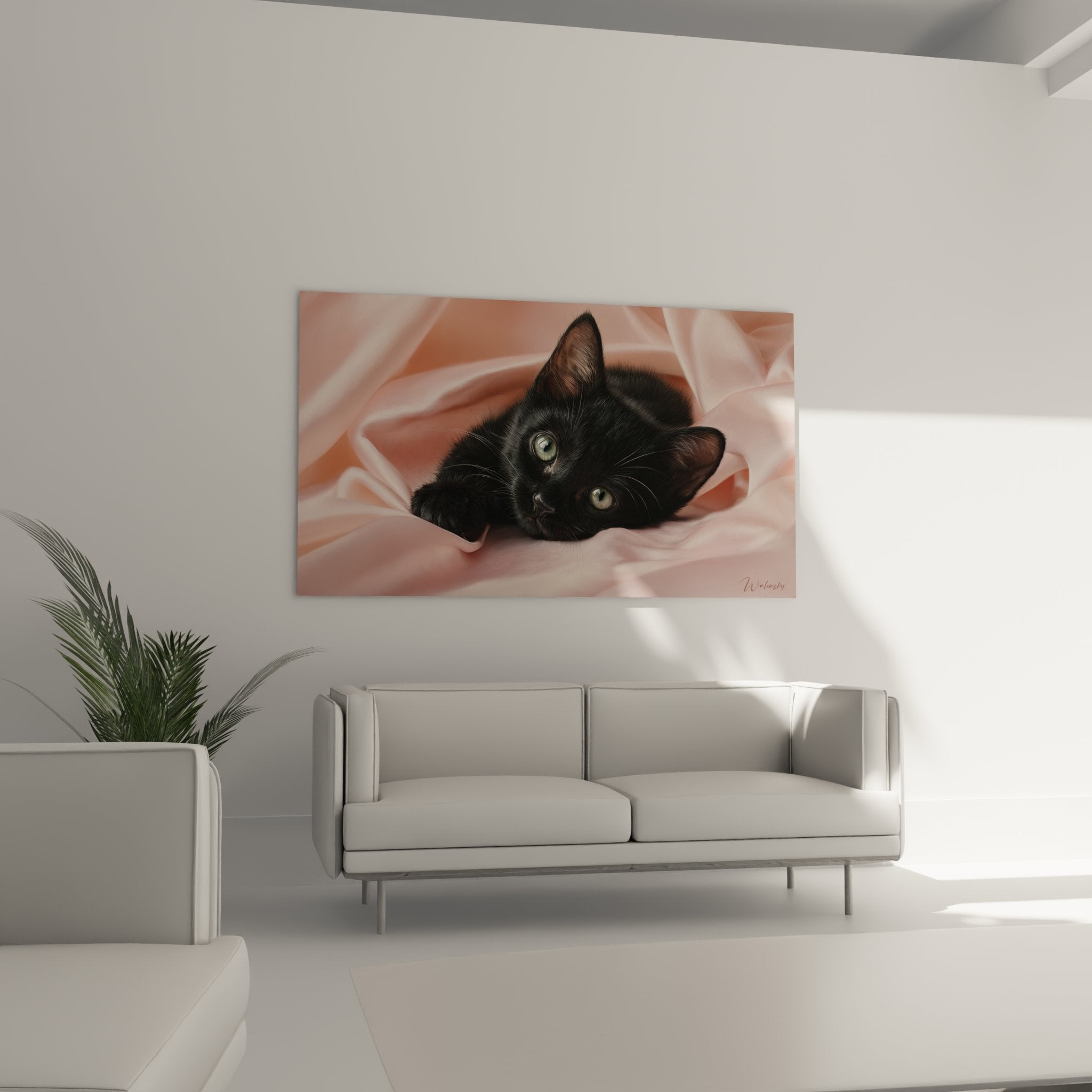 Gros plan sur tableau chaton noir Bombay aux yeux verts expressifs, détails du pelage et tissu rose