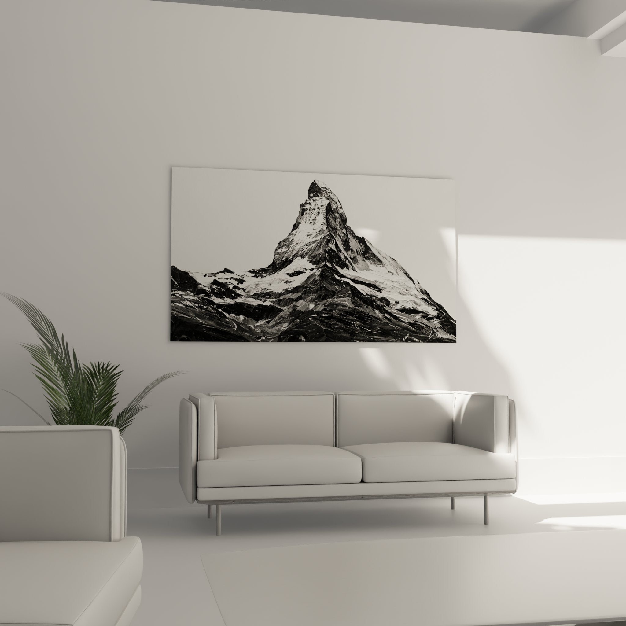 Dettaglio ravvicinato del quadro Matterhorn che rivela le sfumature di grigio e la texture artistica della montagna