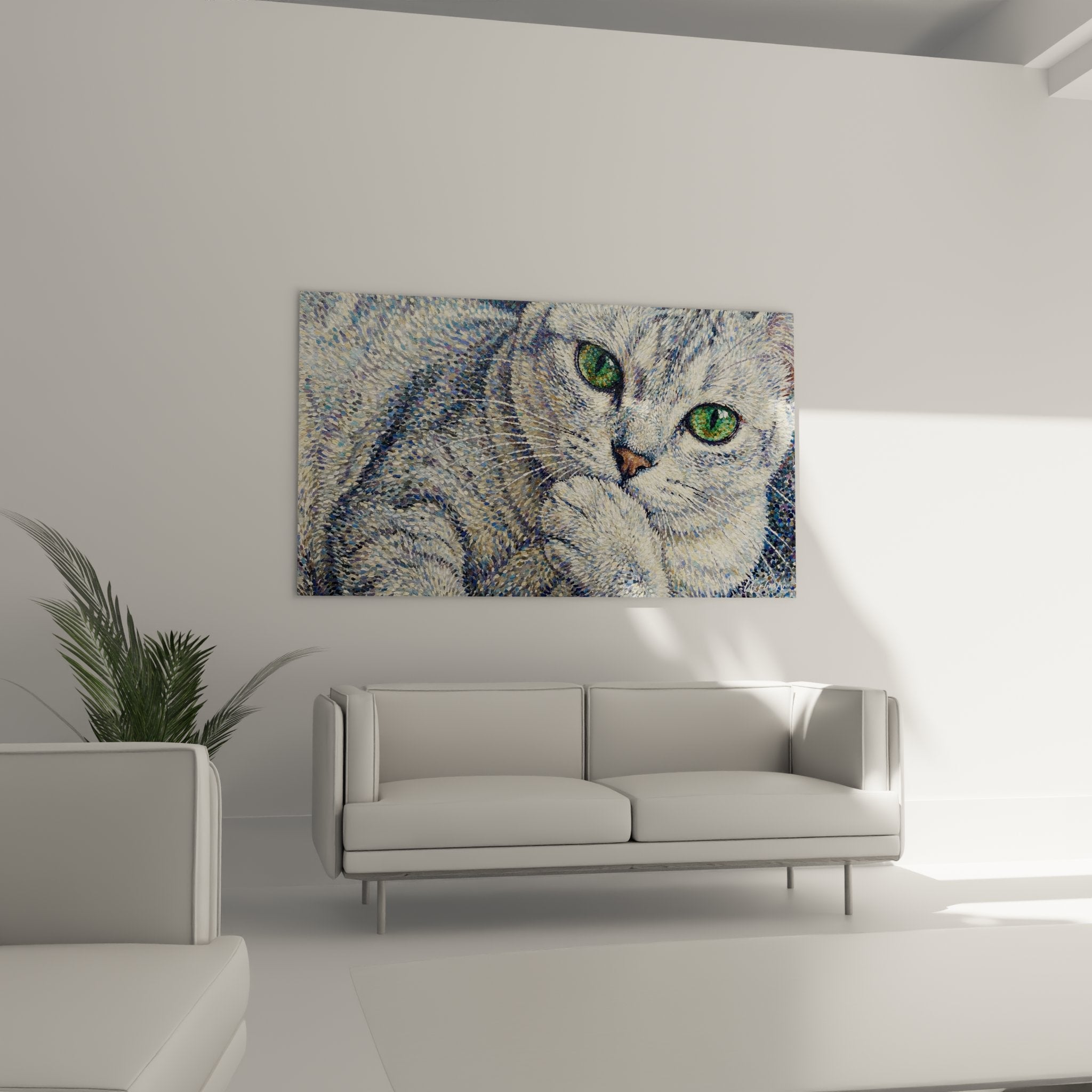 Gros plan tableau chat Burmilla, détails yeux verts émeraude, texture pelage argenté réaliste