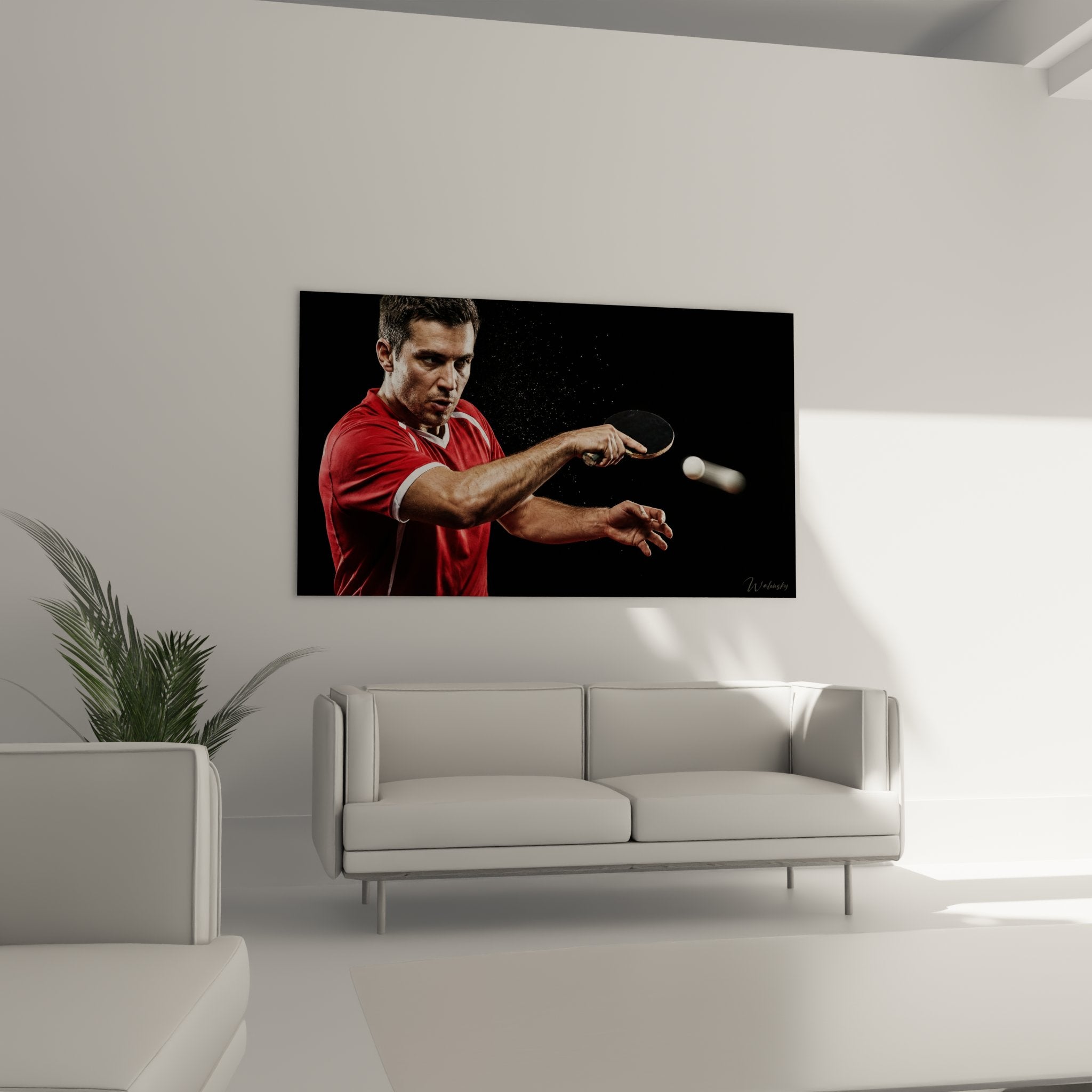 Gros plan tableau ping pong detail raquette balle joueur maillot rouge concentration technique