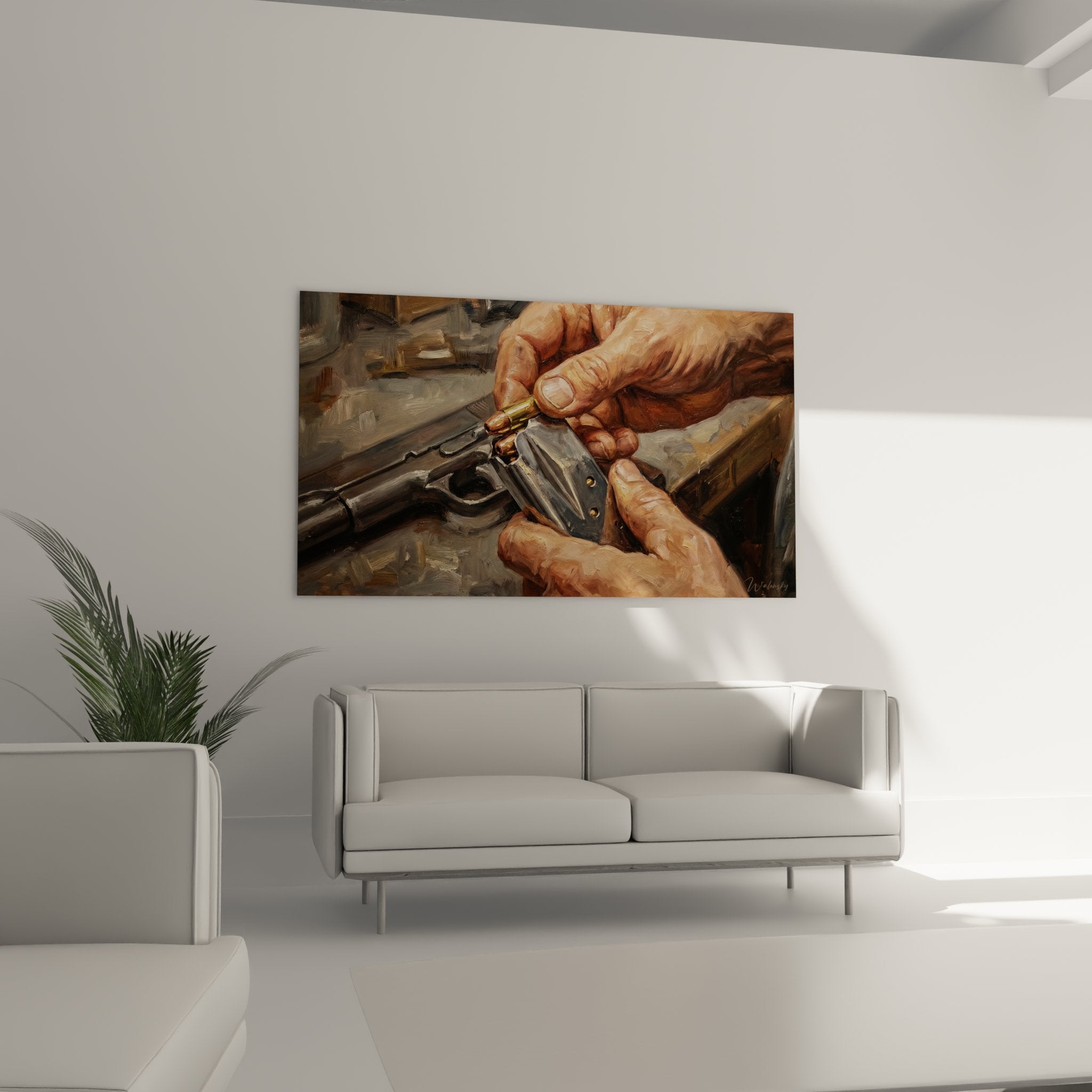 Primo piano quadro revolver cartucce dorate mani tiratore esperto arte murale tiro