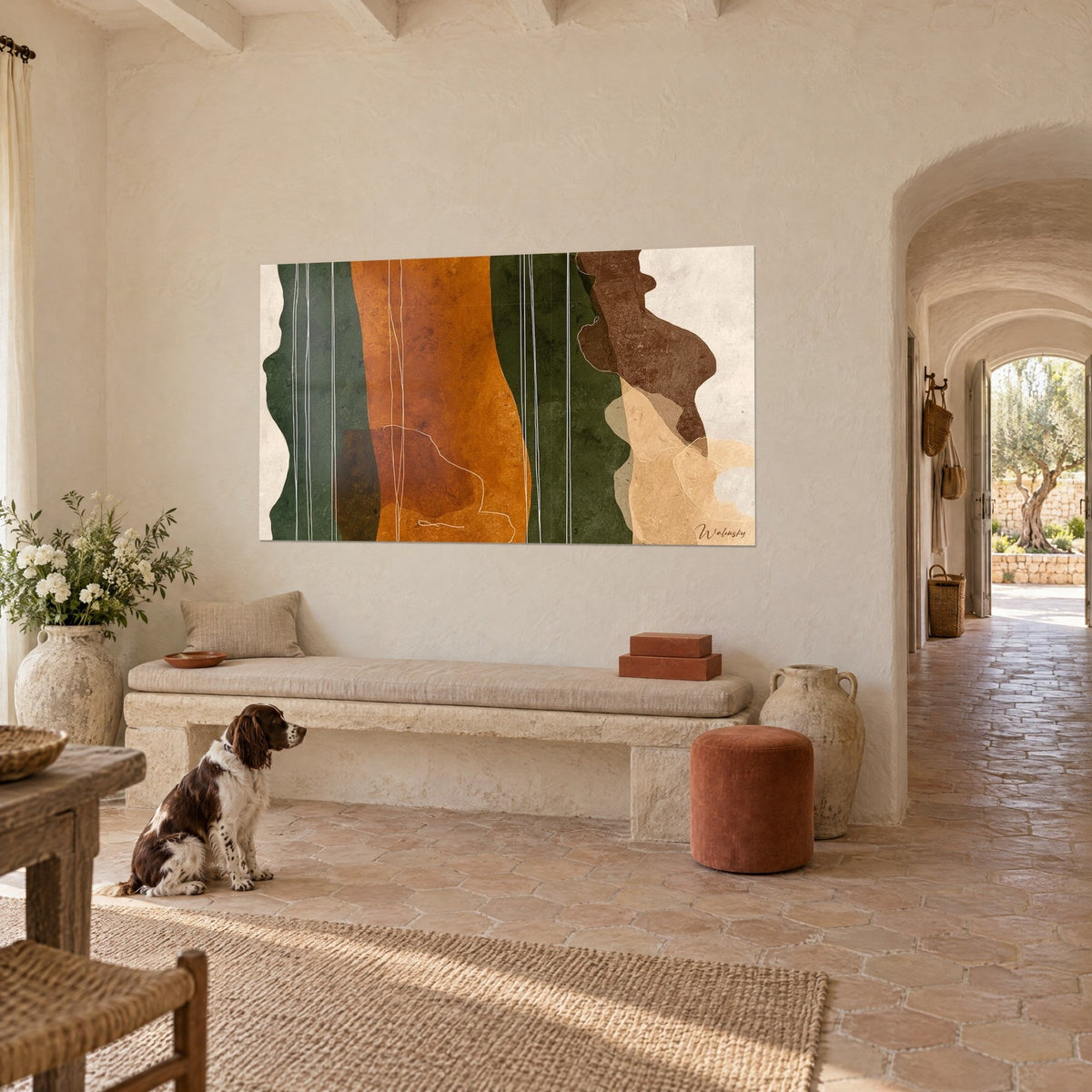 Wall art wavy stripes in terracotta and forest green, sand beige layers, seated spaniel, stone bench of a Provençal farmhouse