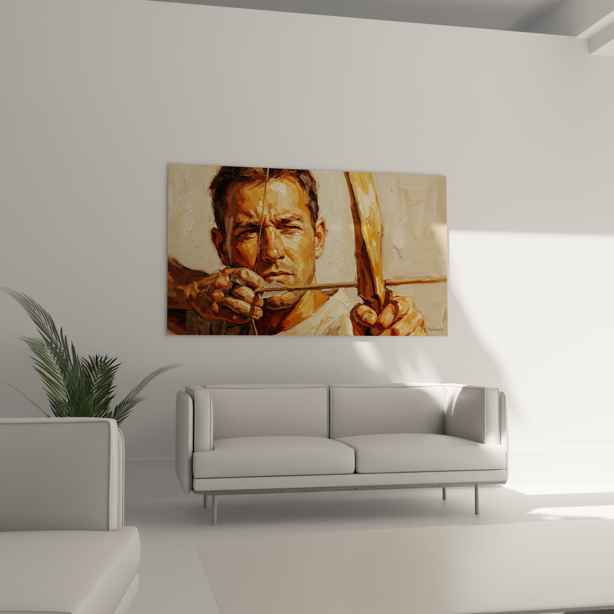 Dettaglio pittura arciere concentrazione, tecnica pennello espressiva toni ocra e dorati