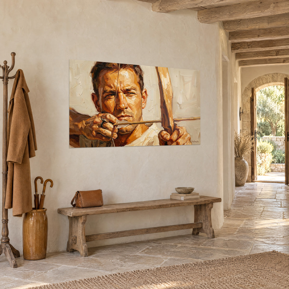 Cuadro de un arquero de mirada fija, rostro cobrizo y camisa crema, junto a un banco de madera, casa de piedra